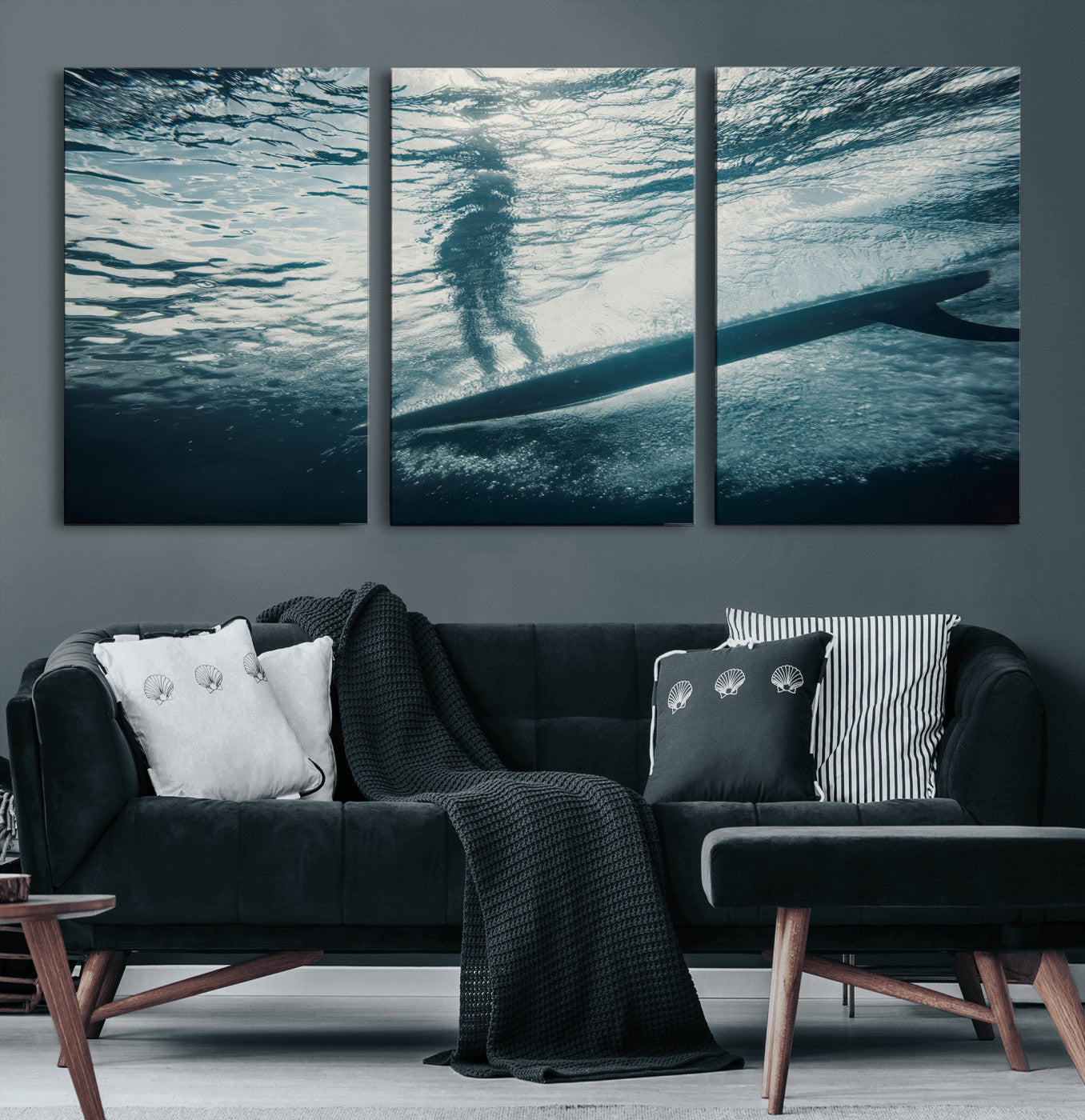 71192524-MGV-CV-60X30-3P-Submerged Surf Wall Art Canvas Print, Framed Underwater Perspective Art Picture Print, Ocean Surf Perfect Coastal Adventure Decor