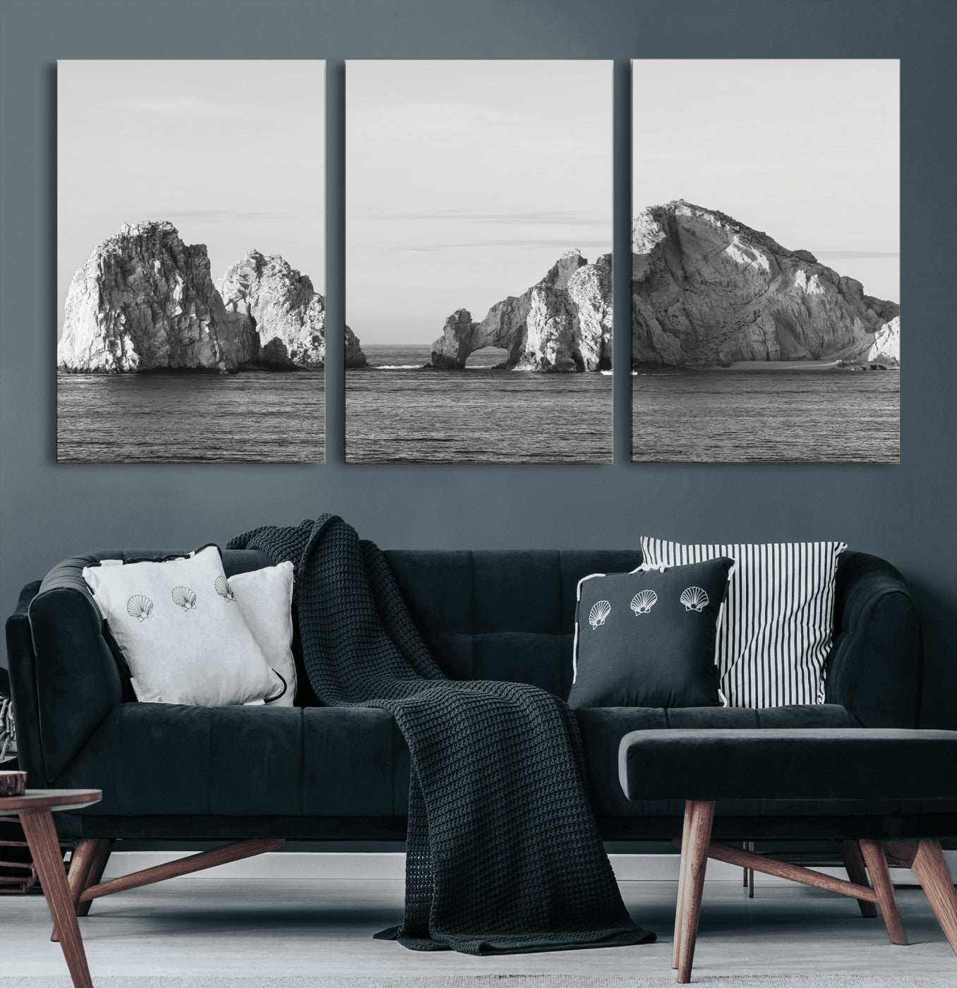 18810731-MGV-CV-60X30-3P-Rugged Coastline Wall Art Canvas Print, Framed Ocean Cliffs Art Picture Print, Monochrome Seascape Perfect Coastal Minimalist