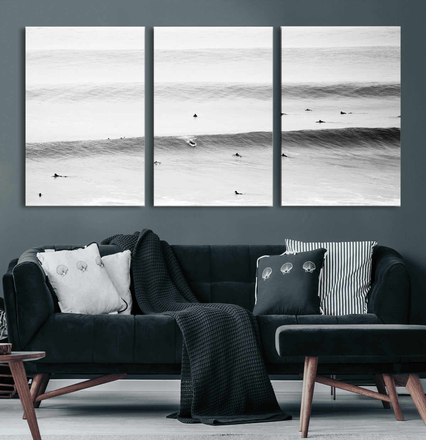 54291445-MGV-CV-60X30-3P-Black White Ocean Wall Art Canvas Print, Framed Coastal Sport Art Picture Print, Ocean Culture Perfect Minimalist Coastal Decor