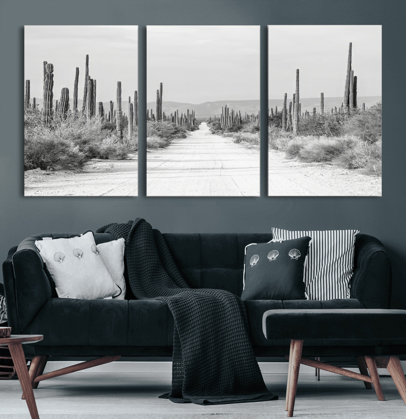 35537313-MGV-CV-60X30-3P-Monochrome Desert Wall Art Canvas Print, Framed Cactus Path Art Picture Print, Southwestern Landscape Perfect Southwestern