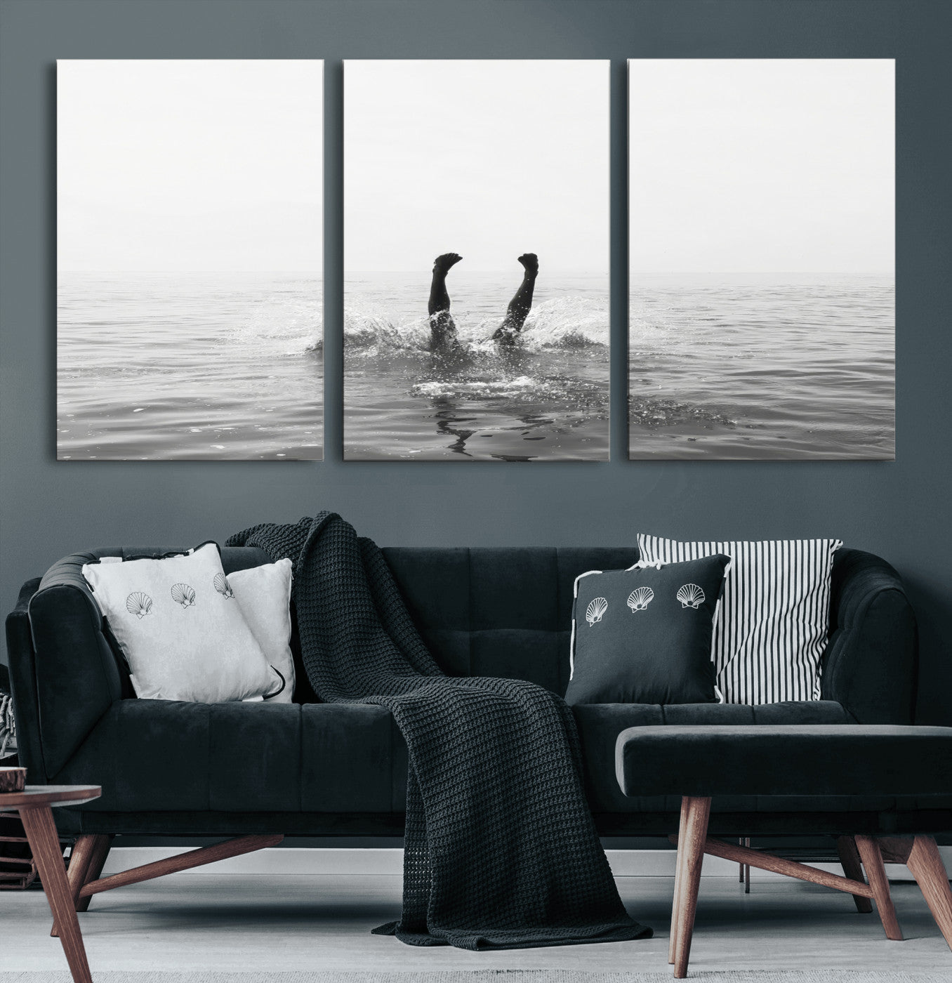 26667396-MGV-CV-60X30-3P-Black White Ocean Wall Art Canvas Print, Framed Monochrome Water Art Picture Print, Diving into Water Perfect Minimalist Aquatic