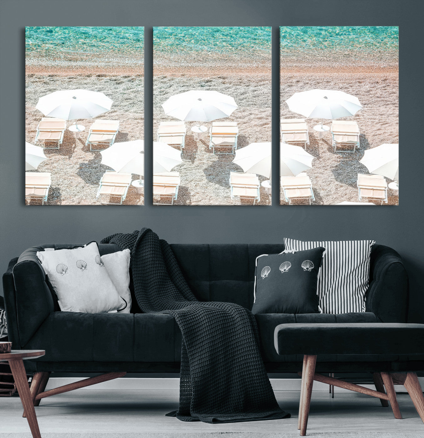83736167-MGV-CV-36X24-Calm Beach Wall Art Canvas Print, Framed Turquoise Water Art Picture Print, Umbrella Shoreline Perfect Coastal Minimalist Decor