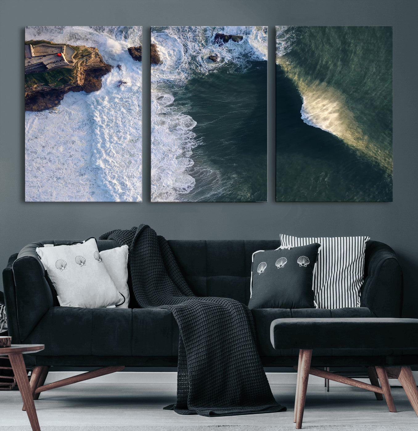 37405684-MGV-CV-60X30-3P-Nazaré Coast Wall Art Canvas Print, Framed Aerial Ocean Art Picture Print, Coastal Fortress Perfect Dramatic Coastal Decor Artwork