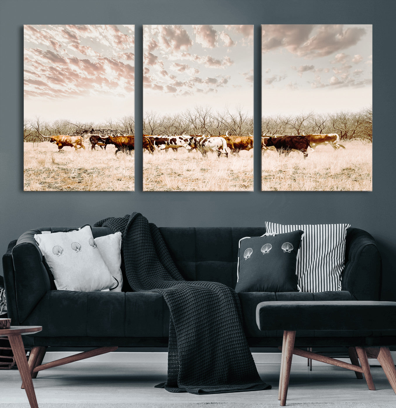 64892775-MGV-CV-60X30-3P-Longhorn Cattle Wall Art Canvas Print, Framed Texas Ranch Art Picture Print, Western Cow Perfect Western Decor Artwork