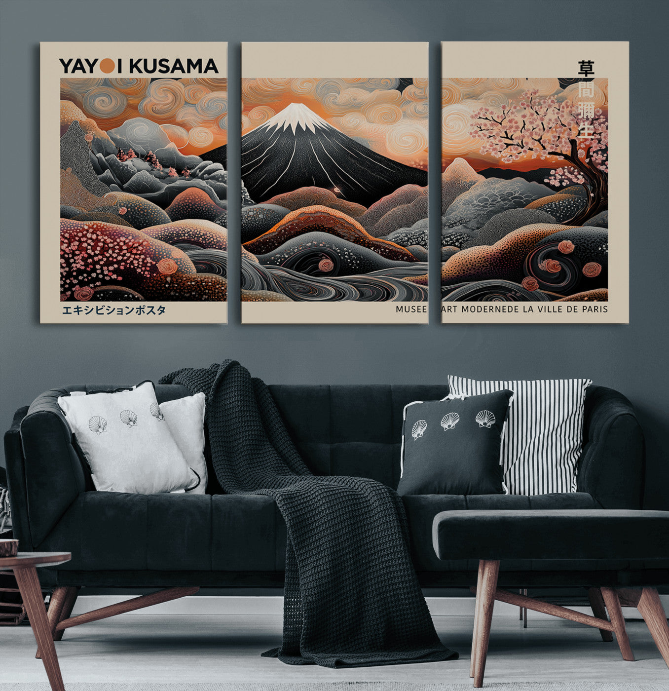 55739266-MGV-CV-60X30-3P-Japanese Wall Art Print – Abstract Yayoi Kusama Inspired Dotted Landscape Poster, Surreal Oriental Mountain and Cherry Blossom