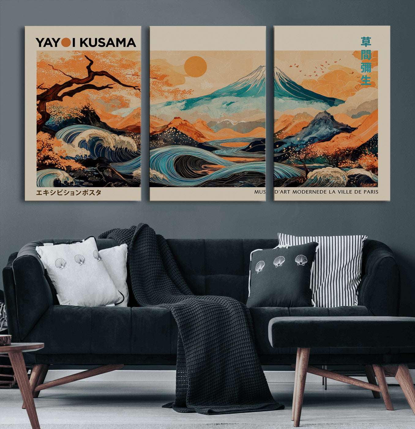 22373530-MGV-CV-60X30-3P-Japanese Mt Fuji Wave Art Print – Ukiyo e Inspired Sun & Cherry Blossom Poster, Traditional Asian Landscape Painting, Modern