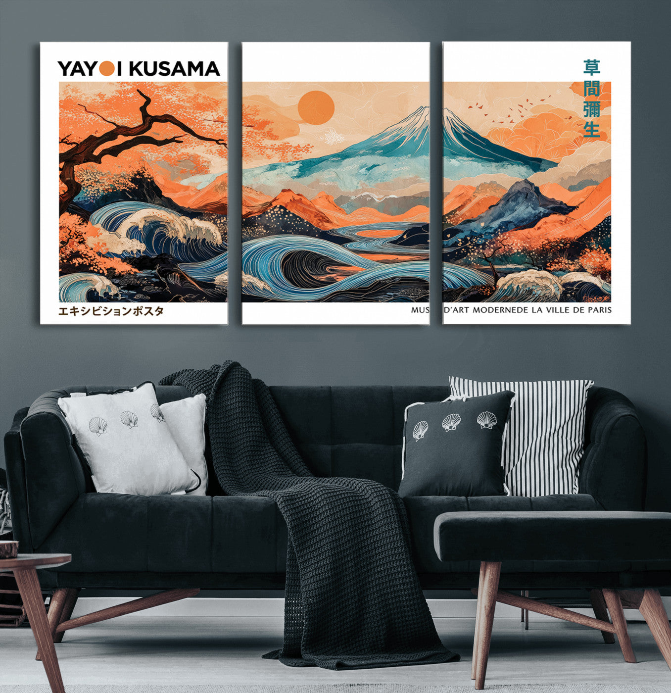 88785870-MGV-CV-60X30-3P-Japanese Great Wave & Mt Fuji Wall Art – Ukiyo e Style Landscape Print with Flowing River, Autumn Mountain Poster, Oriental Asian