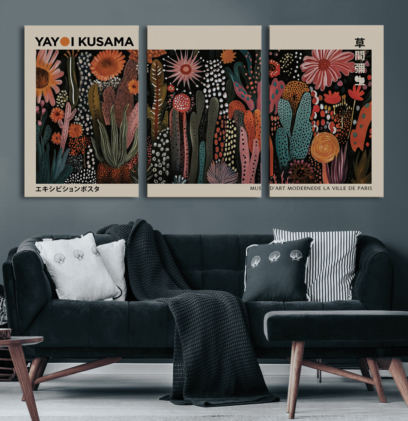 28344895-MGV-CV-60X30-3P-Dark Floral Abstract Wall Art Poster – Modern Botanical Canvas Print with Beige Border, Kusama Inspired Boho Flower Painting,