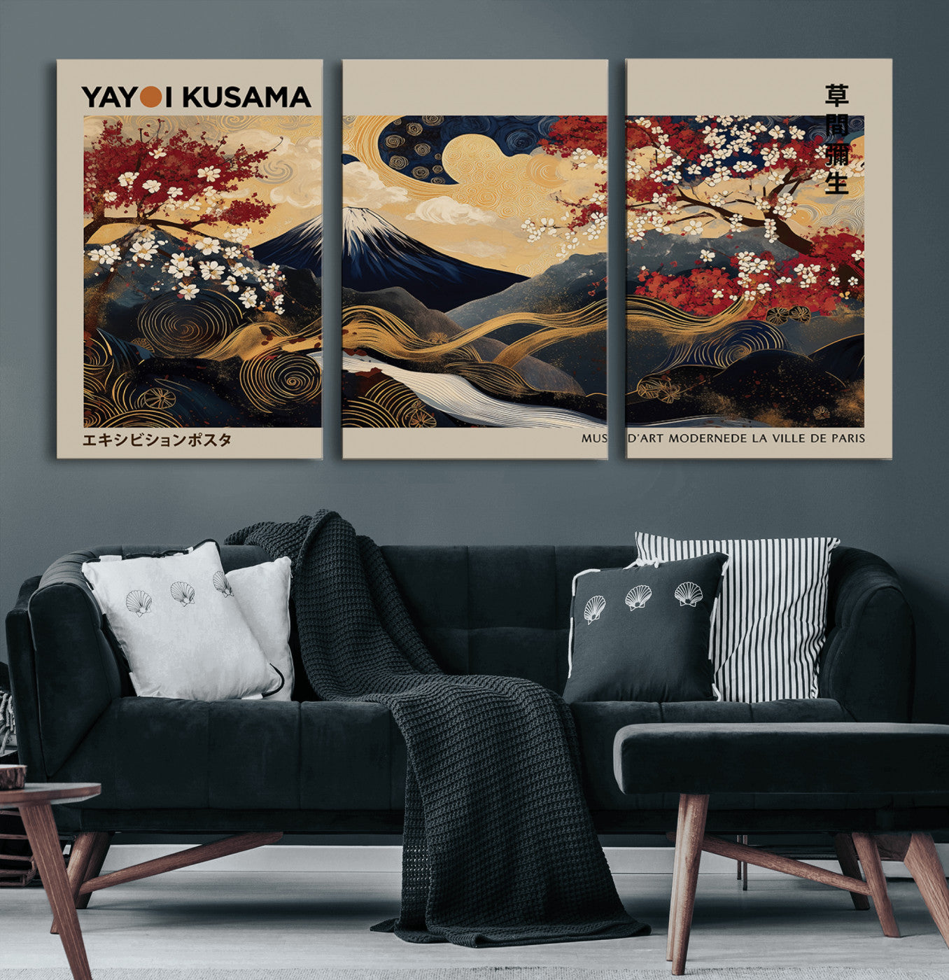 54967195-MGV-CV-60X30-3P-Mount Fuji Wall Art – Japanese Cherry Blossom Abstract Canvas Print, Navy Gold Landscape Painting, Oriental Luxury Home Decor