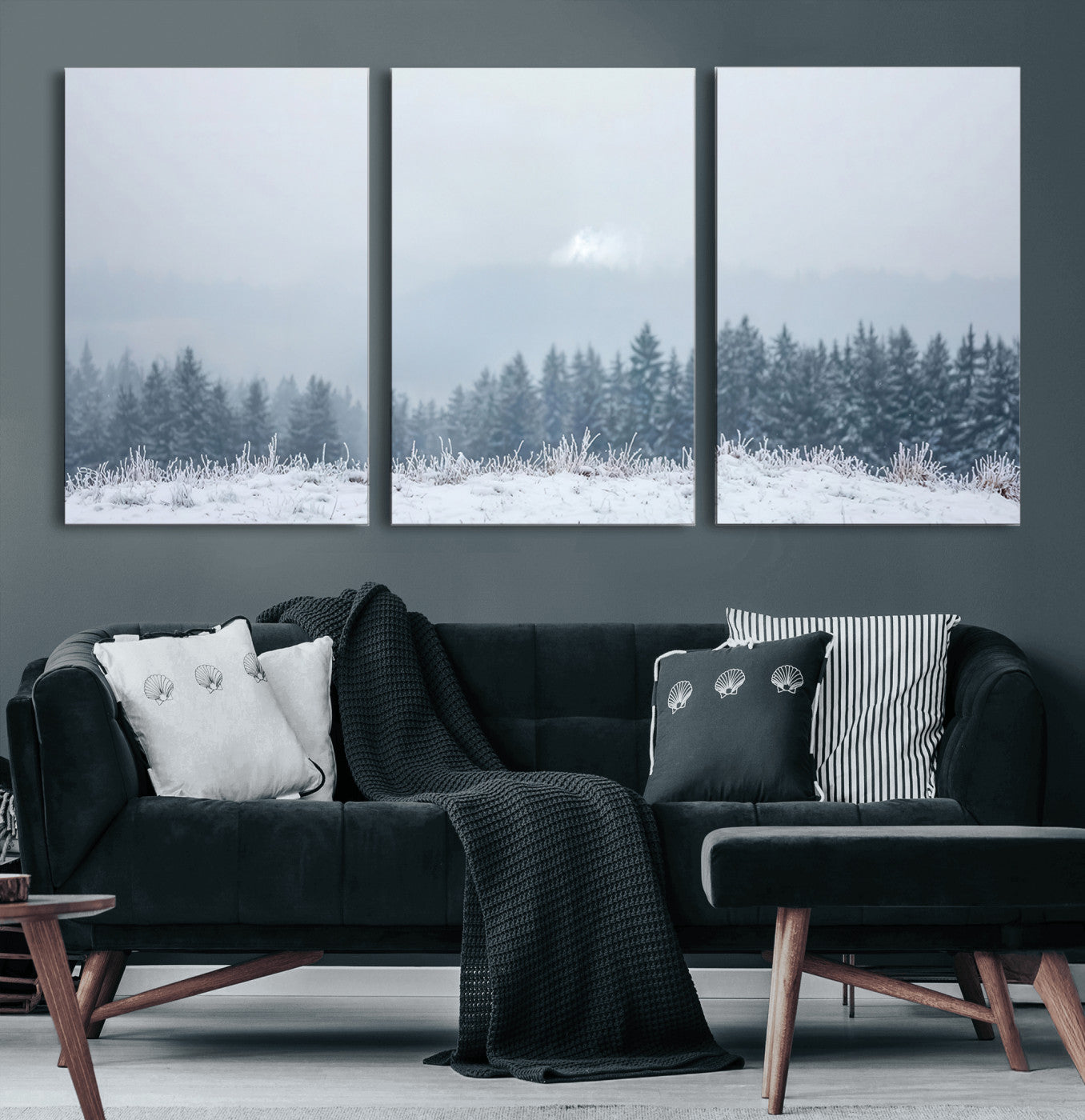 33033082-MGV-CV-60X30-3P-Winter Forest Art Wall Art Canvas Print, Framed Snowy Landscape Art Picture Print, Misty Tree Scene Perfect Nordic Minimalist