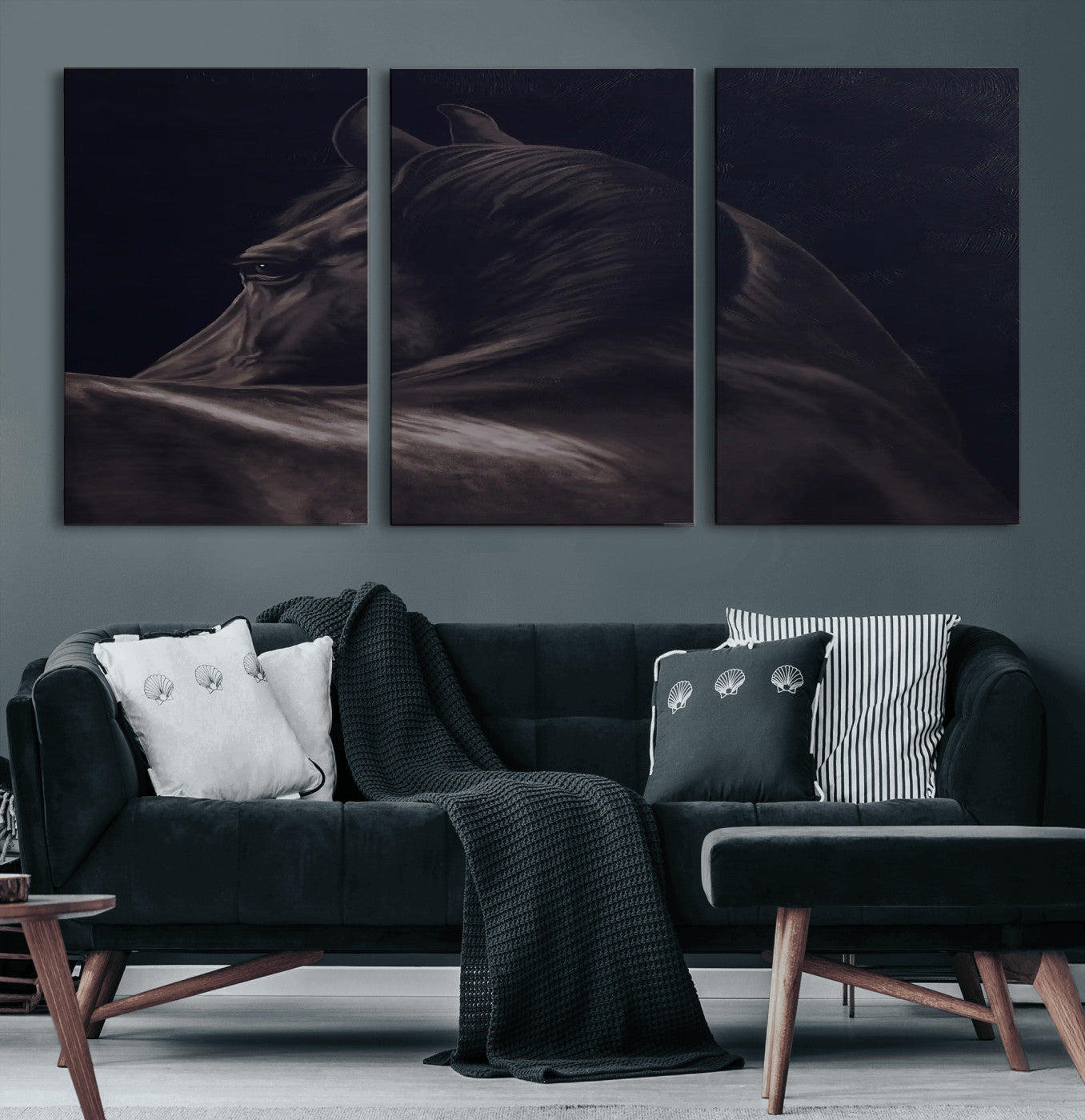 67026880-MGV-CV-36X24-Black Horse Portrait Wall Art Canvas Print, Framed Moody Horse Decor Art Picture Print, Equestrian Wall Style Perfect Masculine