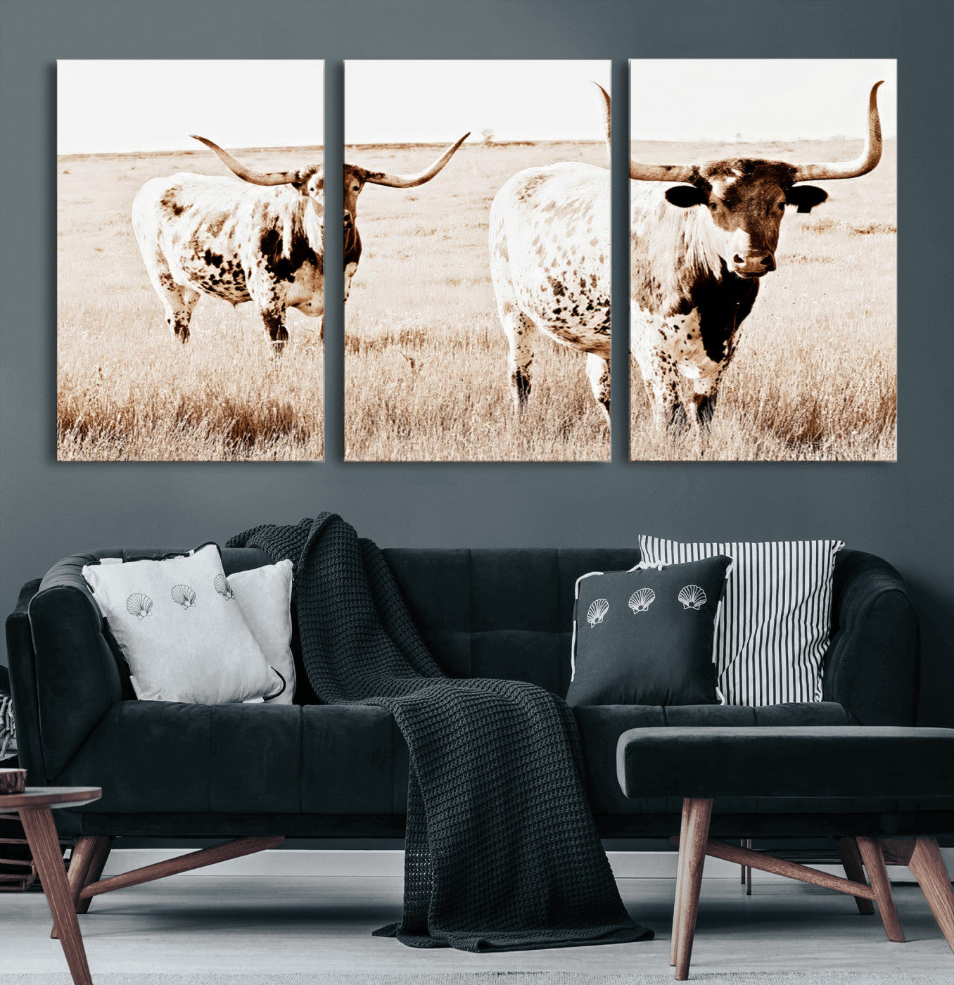 39672786-MGV-CV-60X30-3P-Rustic Cow Scene Wall Art Canvas Print, Framed Farmhouse Style Cattle Art Picture Print, Prairie Animal Duo Perfect Rustic Western