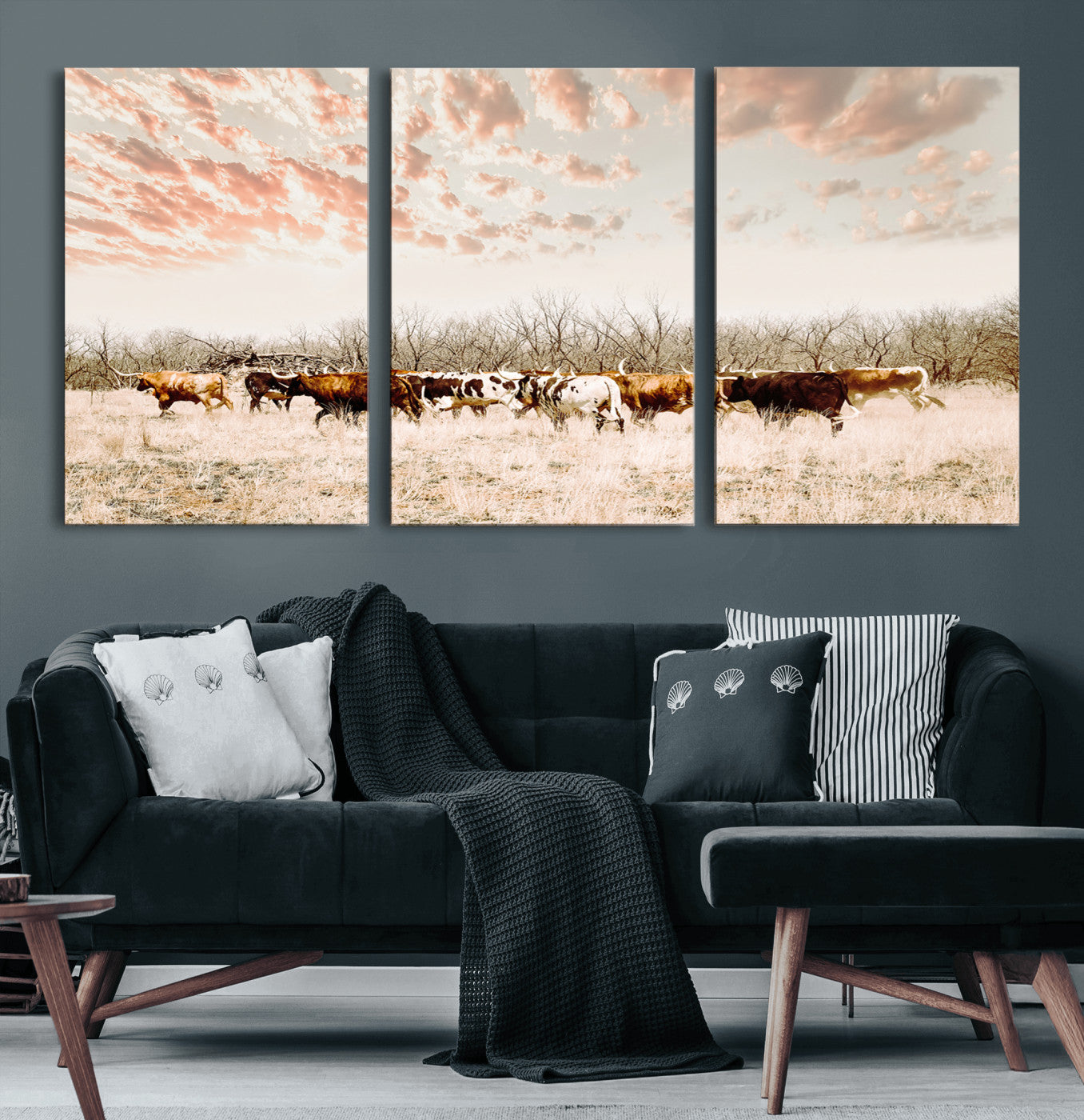 43704663-MGV-CV-36X24-Country Cow Herd Wall Art Canvas Print, Framed Farmhouse Cattle Scene Art Picture Print, Rustic Ranch Decor Perfect Rustic
