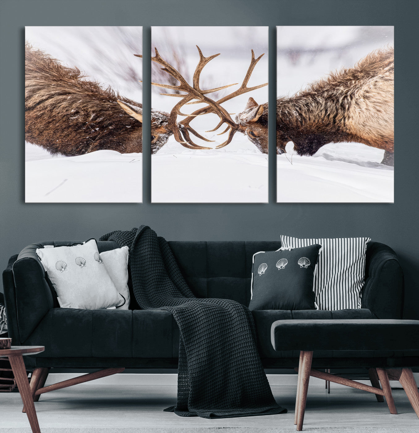 36507609-MGV-CV-36X24-Elk Clash Scene Wall Art Canvas Print, Framed Wildlife Strength Decor Art Picture Print, Snowy Forest Elk Perfect Rustic Lodge