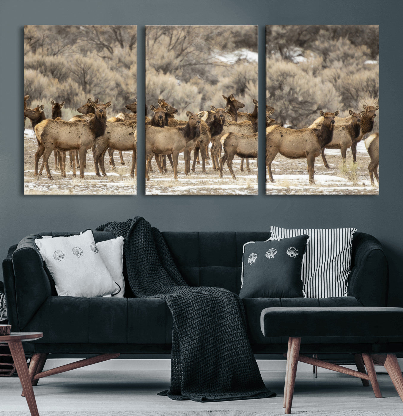 90269422-MGV-CV-36X24-Elk Herd Scene Wall Art Canvas Print, Framed Rustic Wildlife Decor Art Picture Print, Western Cabin Style Perfect Rustic Lodge