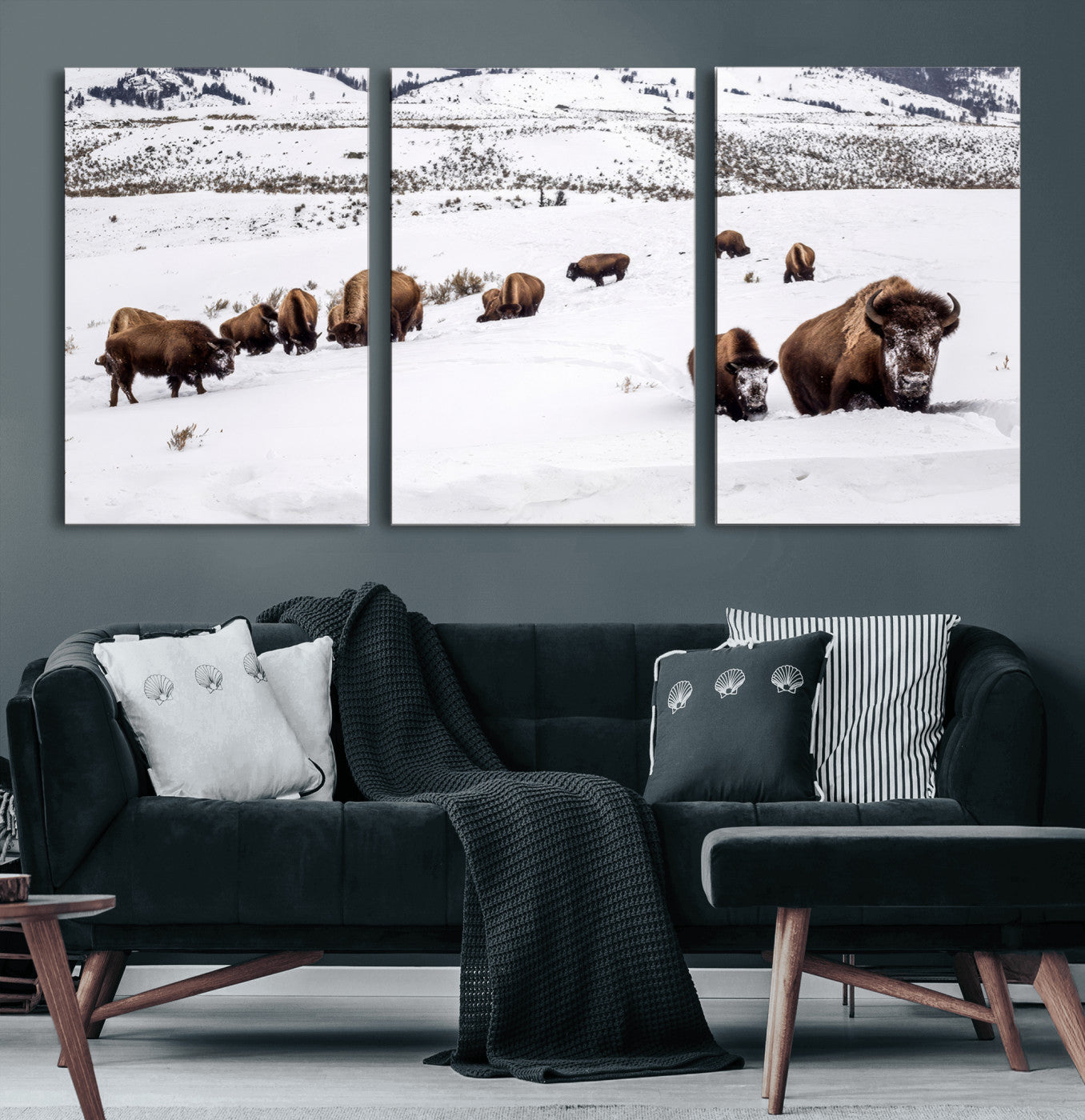 13891210-MGV-CV-60X30-3P-Bison Herd Scene Wall Art Canvas Print, Framed Western Wildlife Decor Art Picture Print, Snowy Mountain Valley Perfect Rustic