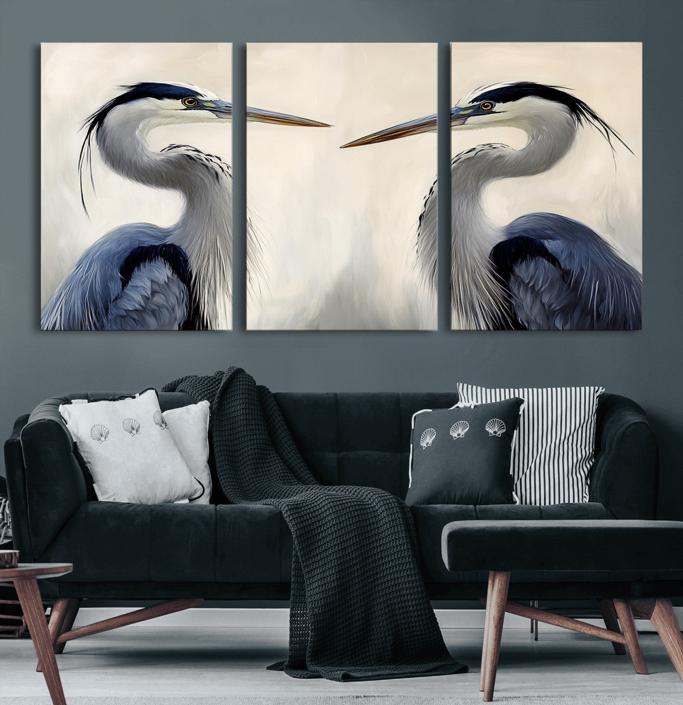 18230556-MGV-CV-60X30-3P-Blue Heron Pair Wall Art Canvas Print, Framed Coastal Bird Theme Art Picture Print, Tranquil Wildlife Scene Perfect Coastal