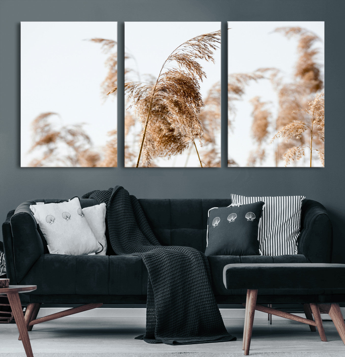 17019393-MGV-CV-60X30-3P-Pampas Grass Wall Art Canvas Print, Framed Neutral Tones Art Picture Print, Minimalist Nature Perfect Boho Minimalist Decor