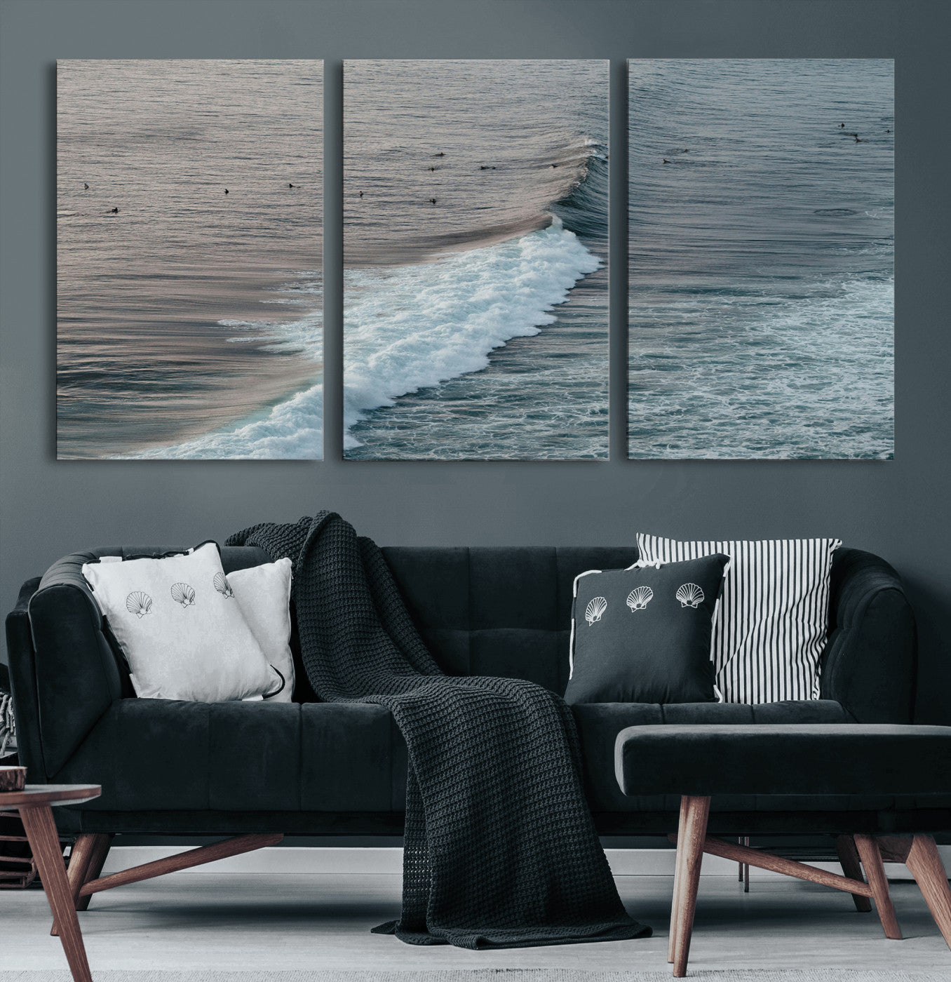 23077324-MGV-CV-60X30-3P-Ocean Waves Wall Art Canvas Print, Framed Coastal Serenity Art Picture Print, Surf Aesthetic Perfect Modern Coastal Decor Artwork