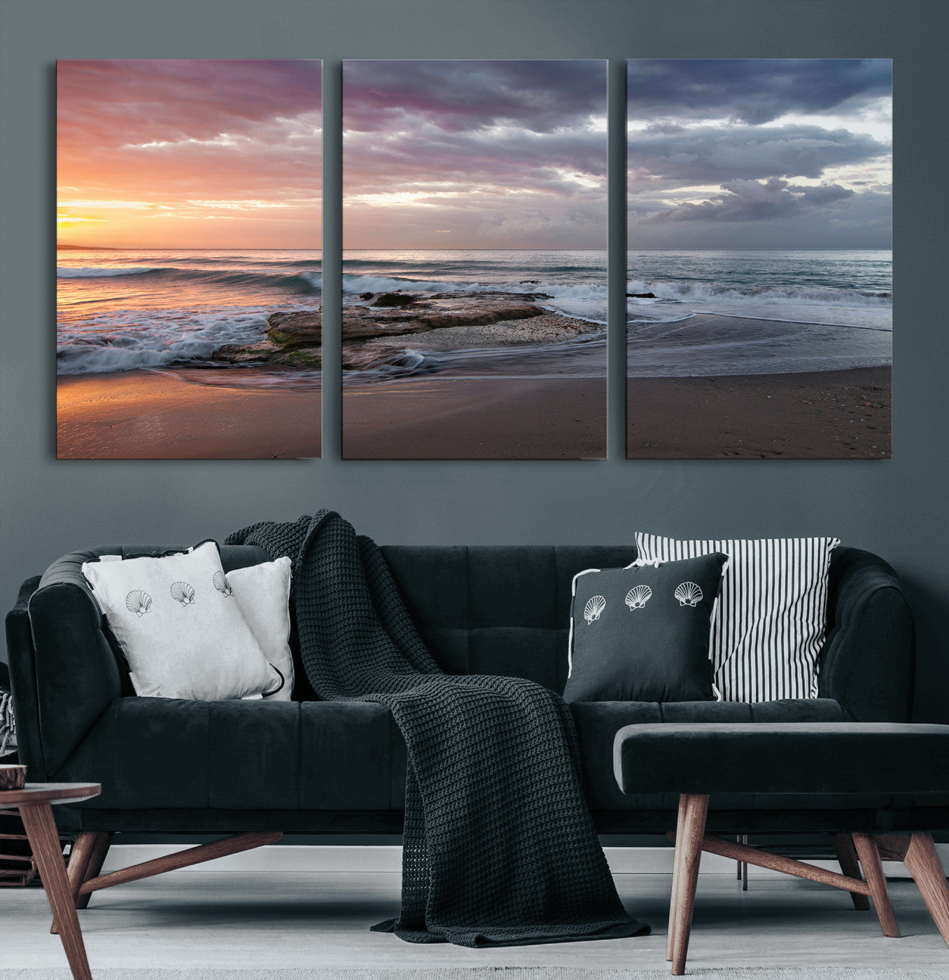 94208089-MGV-CV-60X30-3P-Golden Hour Wall Art Canvas Print, Framed Tranquil Waves Art Picture Print, Beach Horizon Perfect Coastal Serenity Decor Artwork