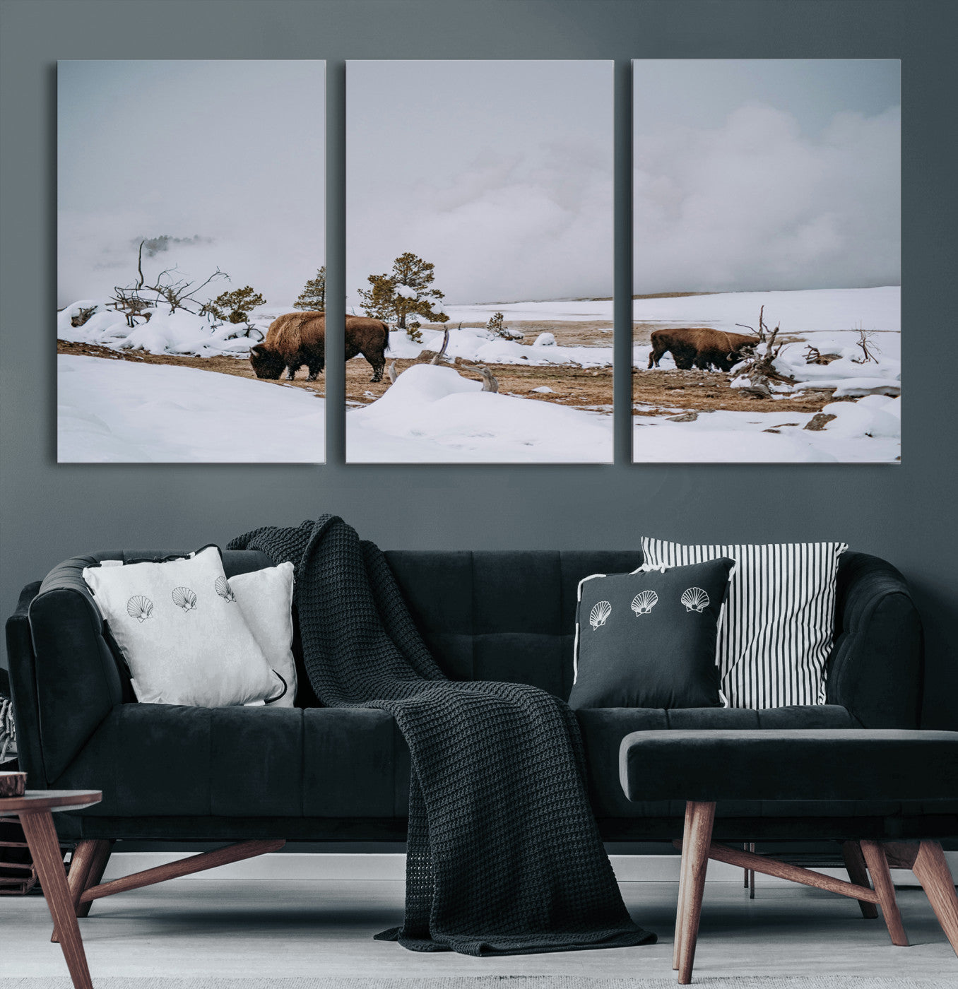 60308289-MGV-CV-60X30-3P-Bison Wildlife Wall Art Canvas Print, Framed Snowy Prairie Art Picture Print, Western Landscape Perfect Rustic Winter Decor