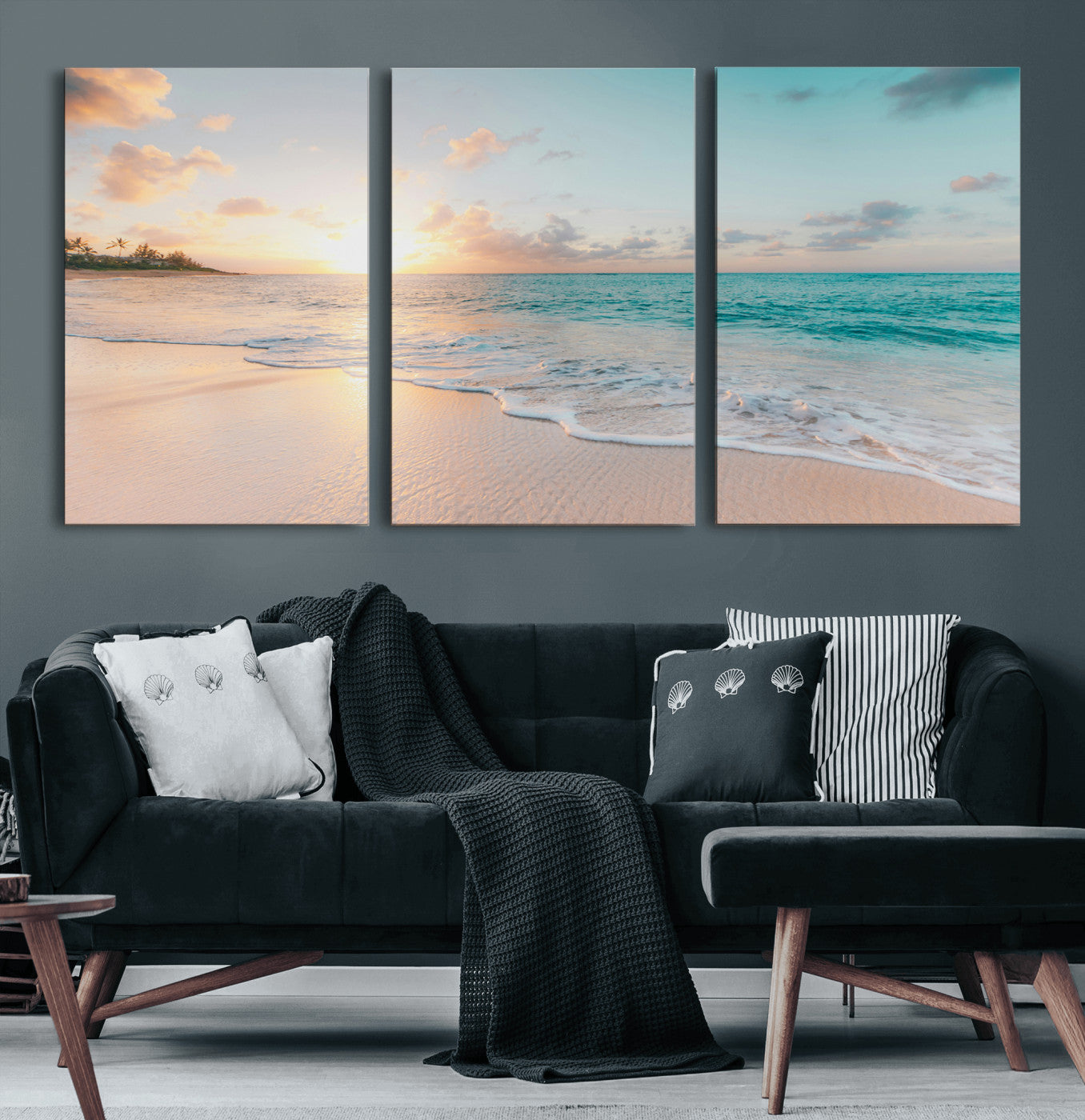 94538225-MGV-CV-60X30-3P-Beach Sunset Wall Art Canvas Print, Framed Ocean Waves Art Picture Print, Summer Escape Perfect Coastal Serenity Decor Artwork