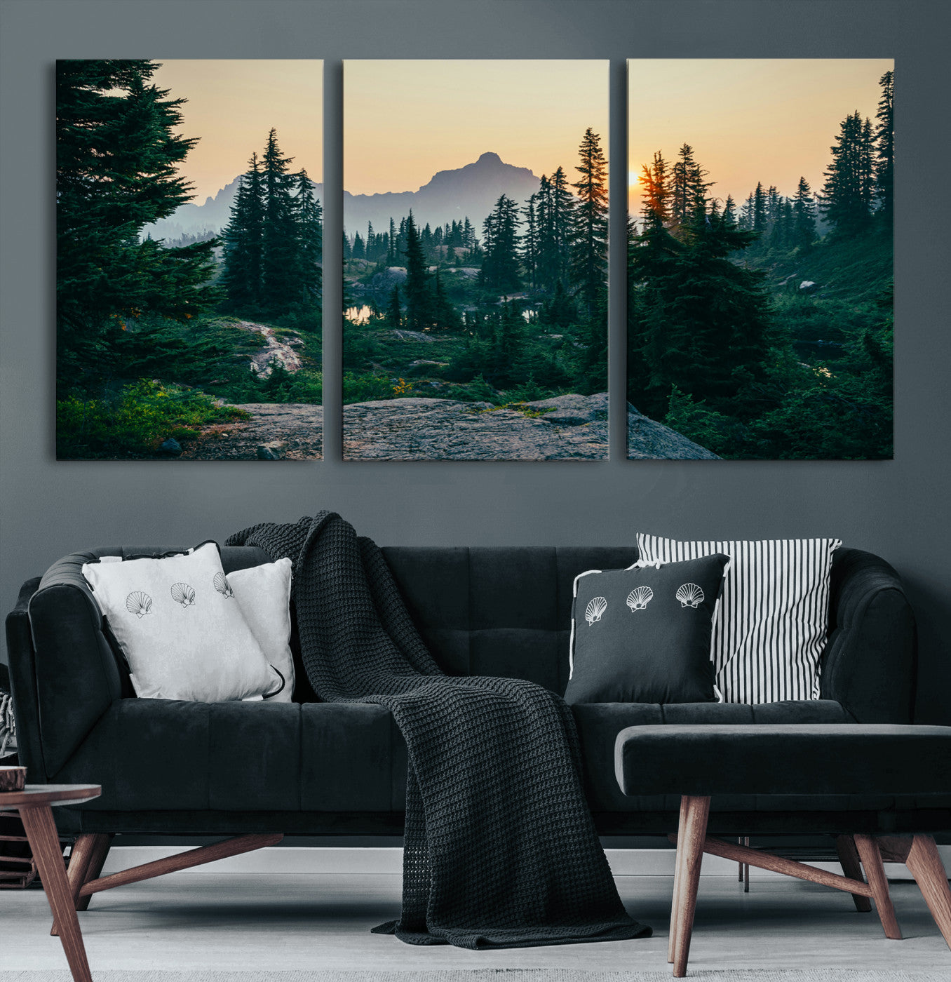 66397982-MGV-CV-60X30-3P-Mountain Landscape Wall Art Canvas Print, Framed Forest Serenity Art Picture Print, Mountain Landscape Perfect Rustic Wilderness