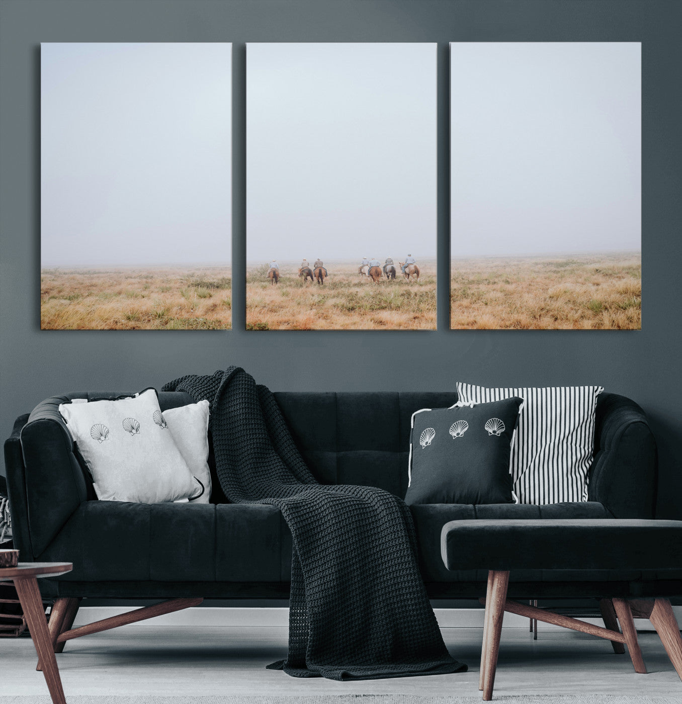 14761944-MGV-CV-36X24-Foggy Plains Wall Art Canvas Print, Framed Horseback Riders Art Picture Print, Rustic Western Perfect Rustic Western Decor Artwork