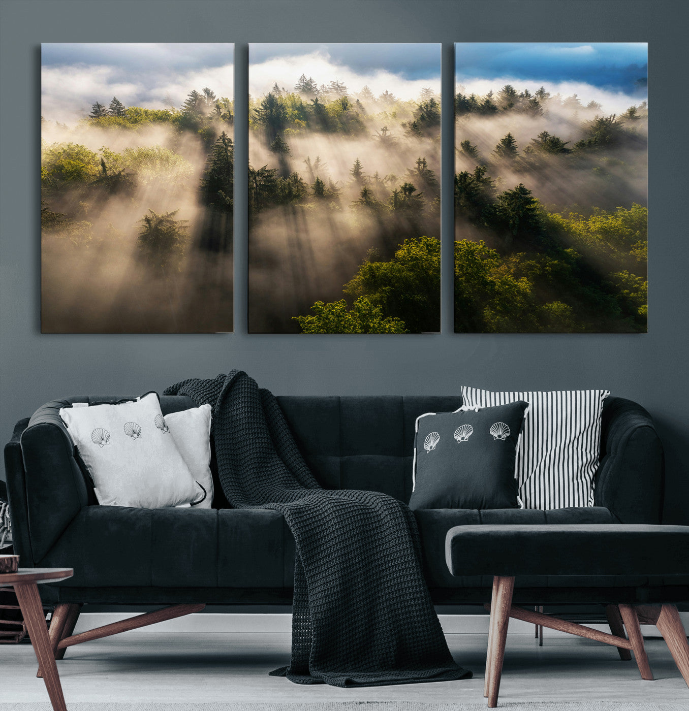 14785710-MGV-CV-60X30-3P-Tranquil Forest Scene Wall Art Canvas Print, Framed Sunbeam Through Trees Art Picture Print, Moody Green Wall Art Perfect