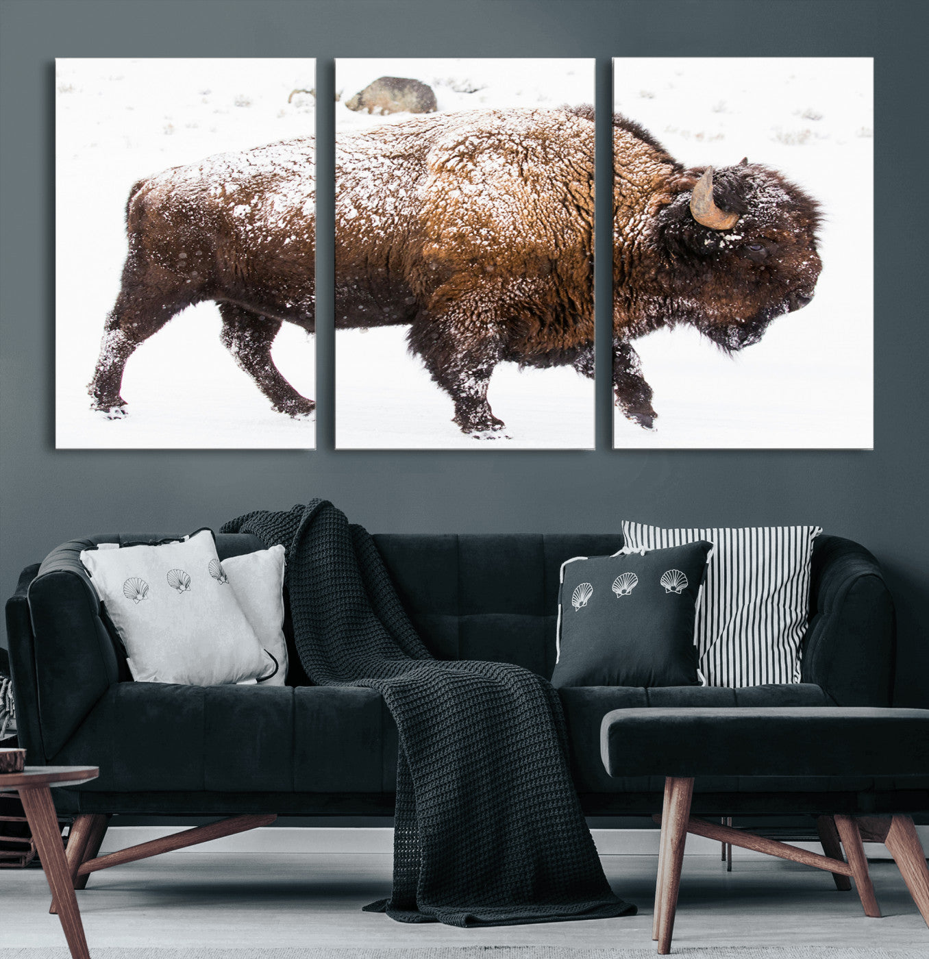 94261165-MGV-CV-36X24-Snowy Buffalo Wall Art Canvas Print, Framed Wildlife Photography Art Picture Print, Brown Tones Perfect Rustic Lodge Decor Decor