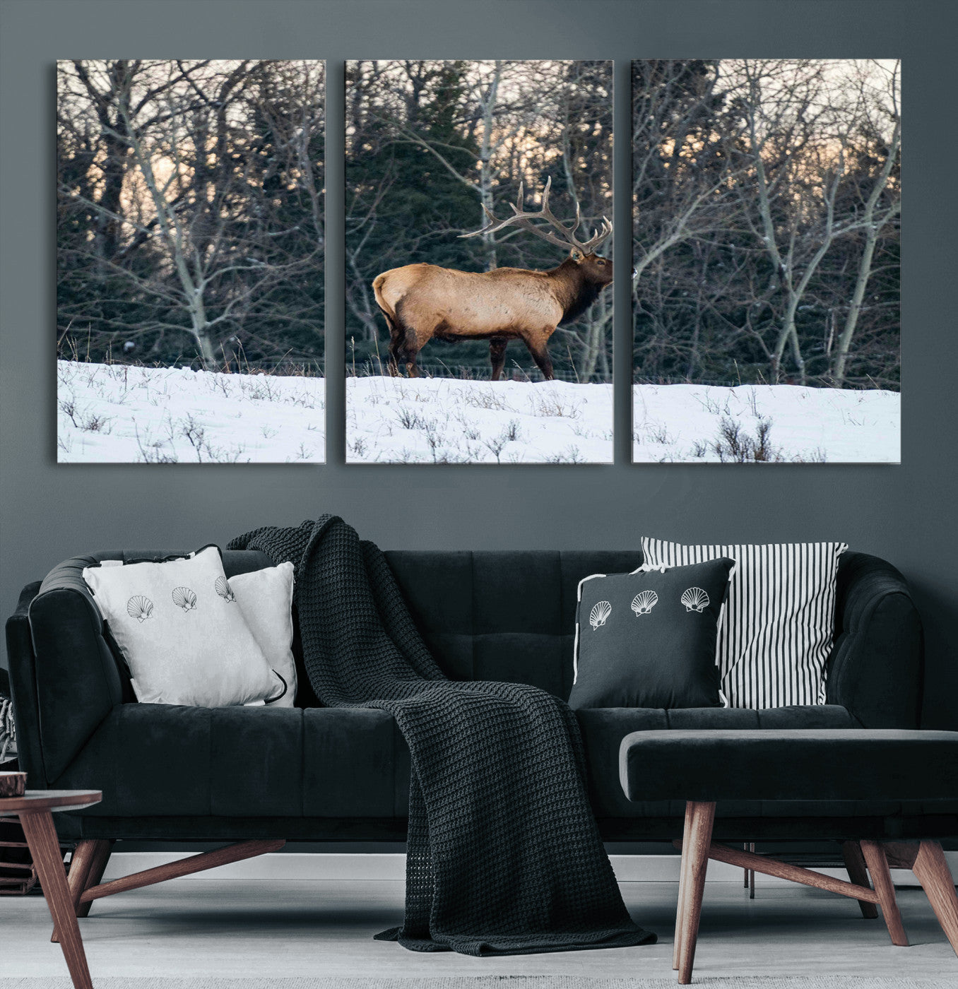 36533178-MGV-CV-60X30-3P-Wild Elk Photography Wall Art Canvas Print, Framed Winter Wildlife Art Picture Print, Snowy Forest Perfect Rustic Lodge Decor