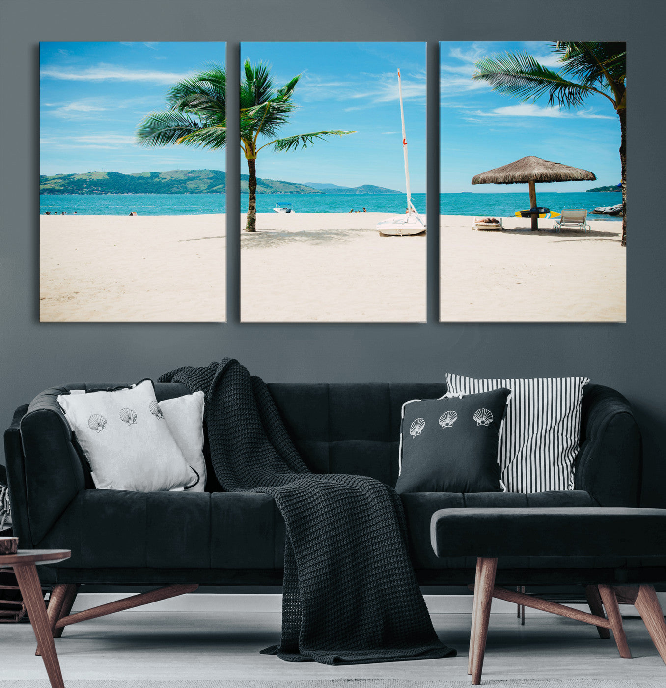 42623350-MGV-CV-60X30-3P-Tropical Beach Wall Art Canvas Print, Framed Palm Tree Art Picture Print, Ocean View Perfect Tropical Coastal Decor Artwork