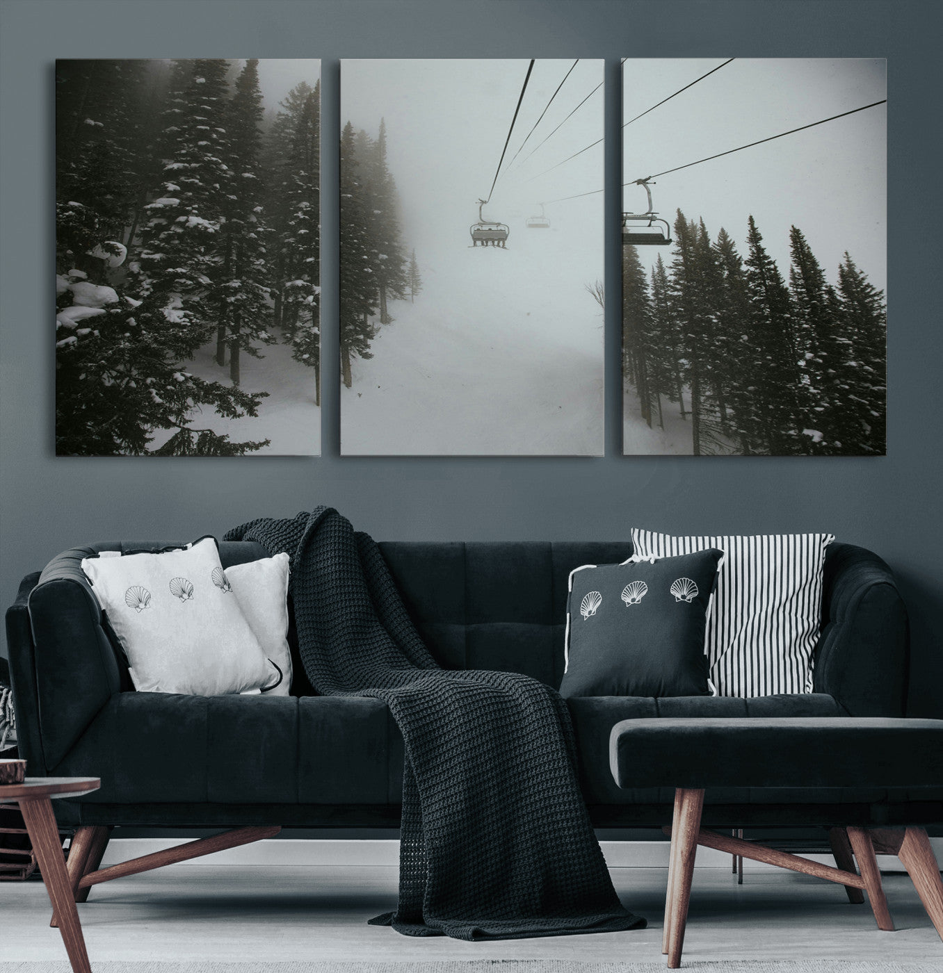 87018452-MGV-CV-60X30-3P-Ski Lift Wall Art Canvas Print, Framed Snowy Pines Art Picture Print, Misty Landscape Perfect Winter Serenity Decor Artwork
