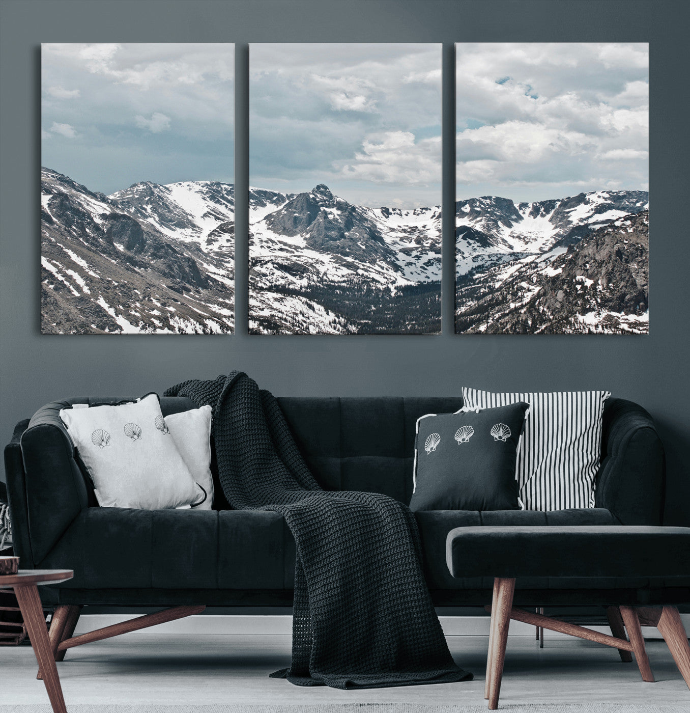 94074619-MGV-CV-60X30-3P-Snowy Peaks Wall Art Canvas Print, Framed Alpine Wilderness Art Picture Print, Mountain Escape Perfect Winter Serenity Decor