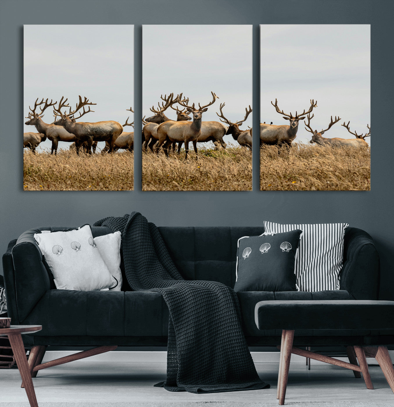 42170220-MGV-CV-60X30-3P-Elk Herd Wall Art Canvas Print, Framed Wildlife Photography Art Picture Print, Majestic Antlers Perfect Rustic Wildlife Decor