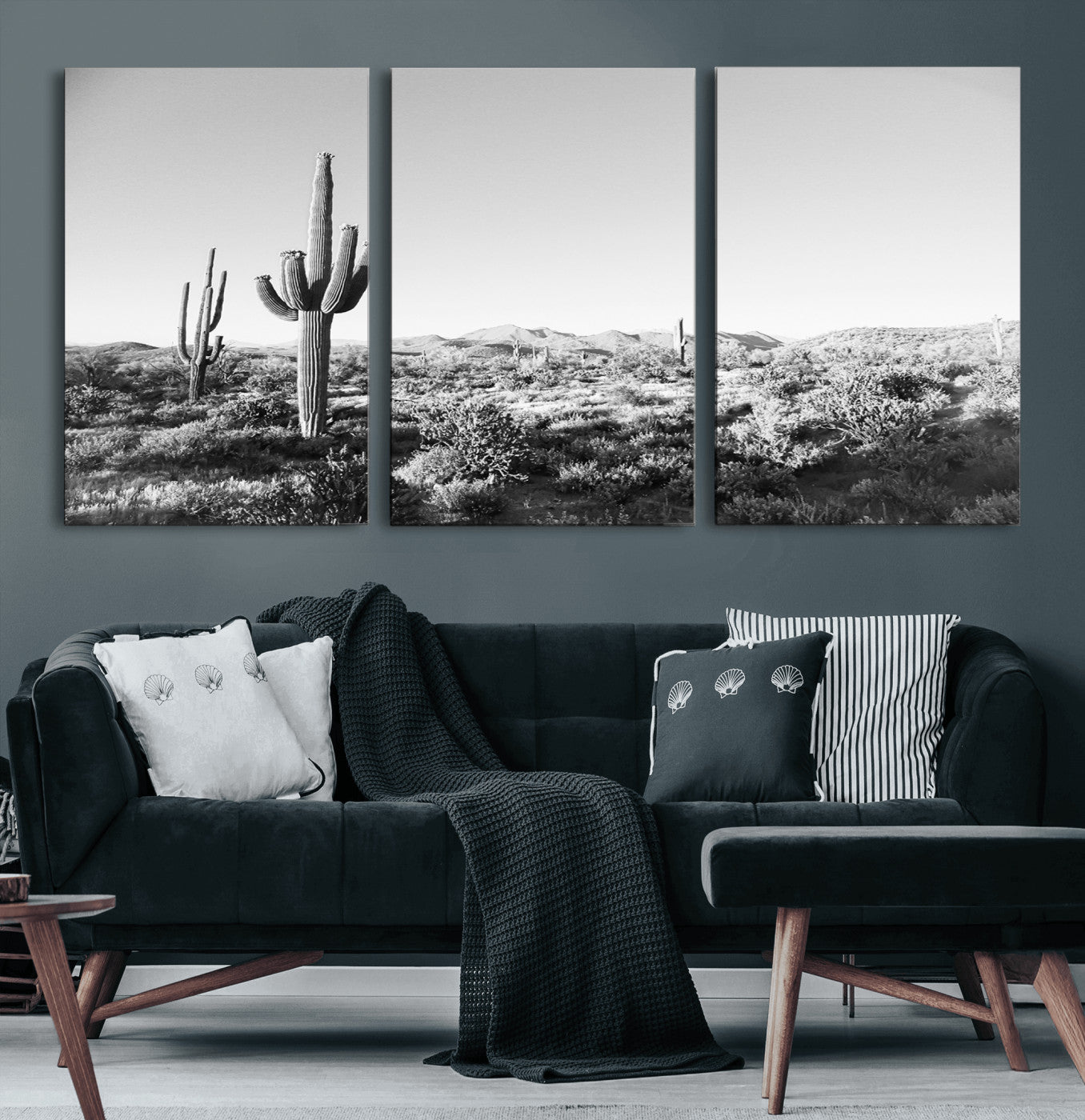 85205054-MGV-CV-60X30-3P-Saguaro Cactus Wall Art Canvas Print, Framed Monochrome Landscape Art Picture Print, Scenic Arizona View Perfect Minimalist
