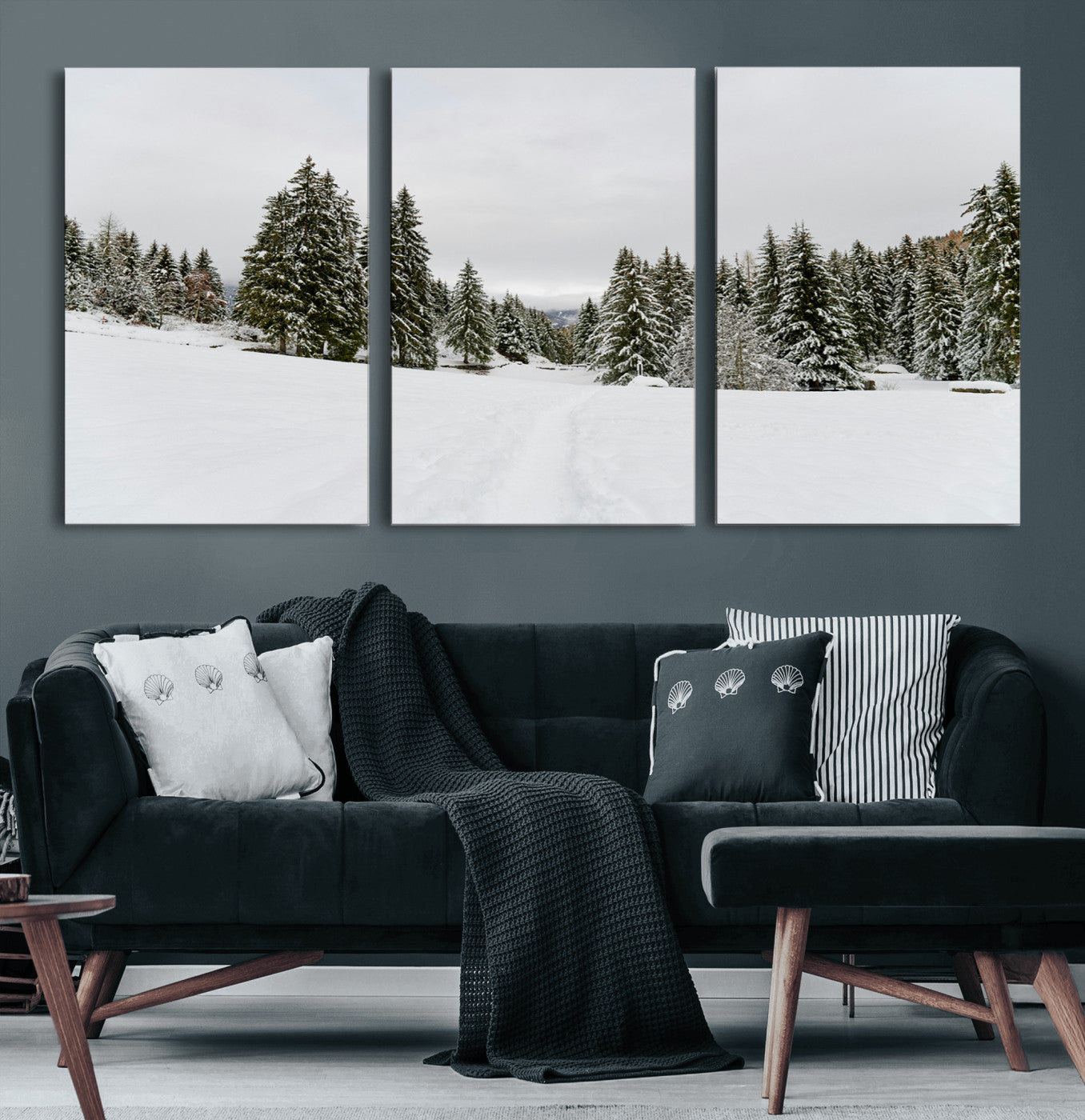 24581417-MGV-CV-60X30-3P-Frosty Pines Wall Art Canvas Print, Framed Silent Snowfall Art Picture Print, Cozy Cabin Vibes Perfect Nordic Minimalist Decor