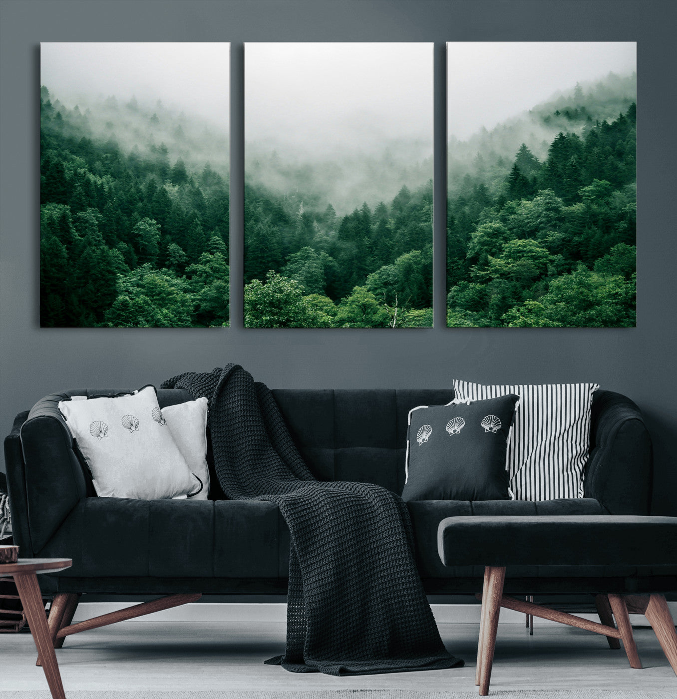 45265379-MGV-CV-60X30-3P-Misty Forest Wall Art – Green Mountain Pine Tree Landscape Canvas Print, Nature Photography Artwork Home Decor for Bedroom, Living