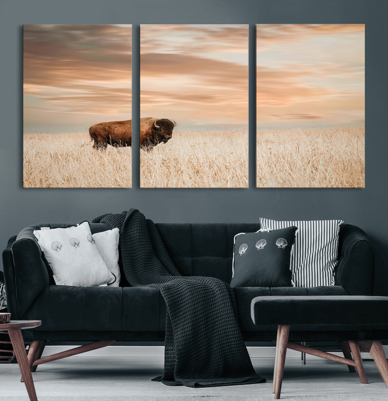 20306324-MGV-CV-60X30-3P-Bison Wall Art – Lone American Buffalo Prairie Sunset Canvas Print, Rustic Western Wildlife Photography Decor for Living Room,