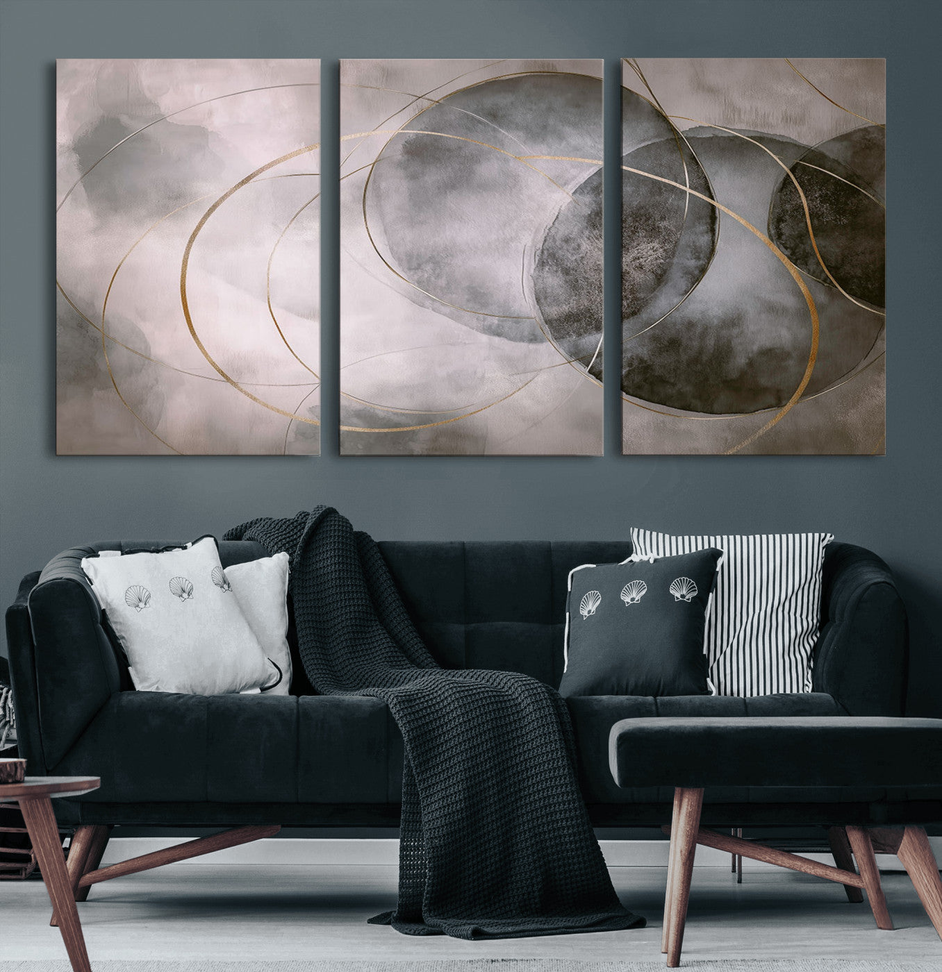 20066876-MGV-CV-60X30-3P-Neutral Abstract Circle Wall Art – Modern Gray Beige Gold Canvas Print, Minimalist Geometric Painting for Bedroom, Living Room,