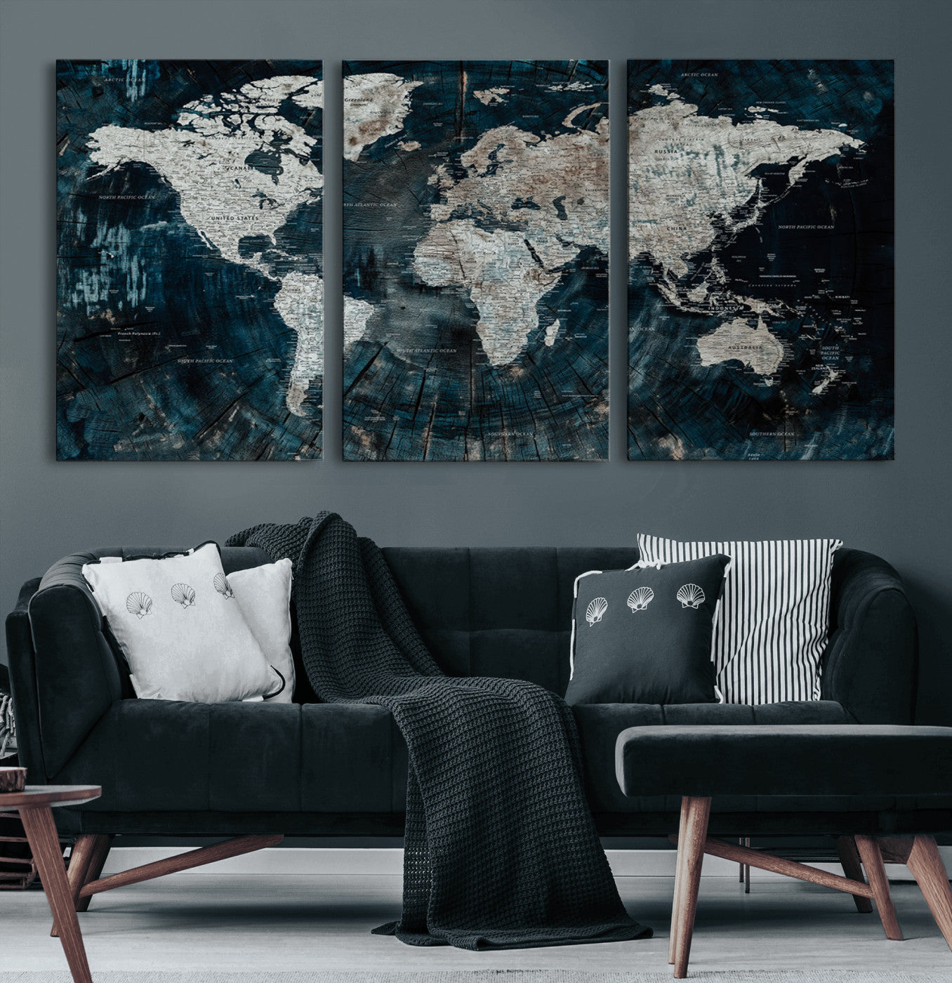 34425609-MGV-CV-60X30-3P-World Map Wall Art – Rustic Navy and Grey Atlas Canvas Print, Distressed Explorer Map Artwork, Industrial Style Decor for Office,