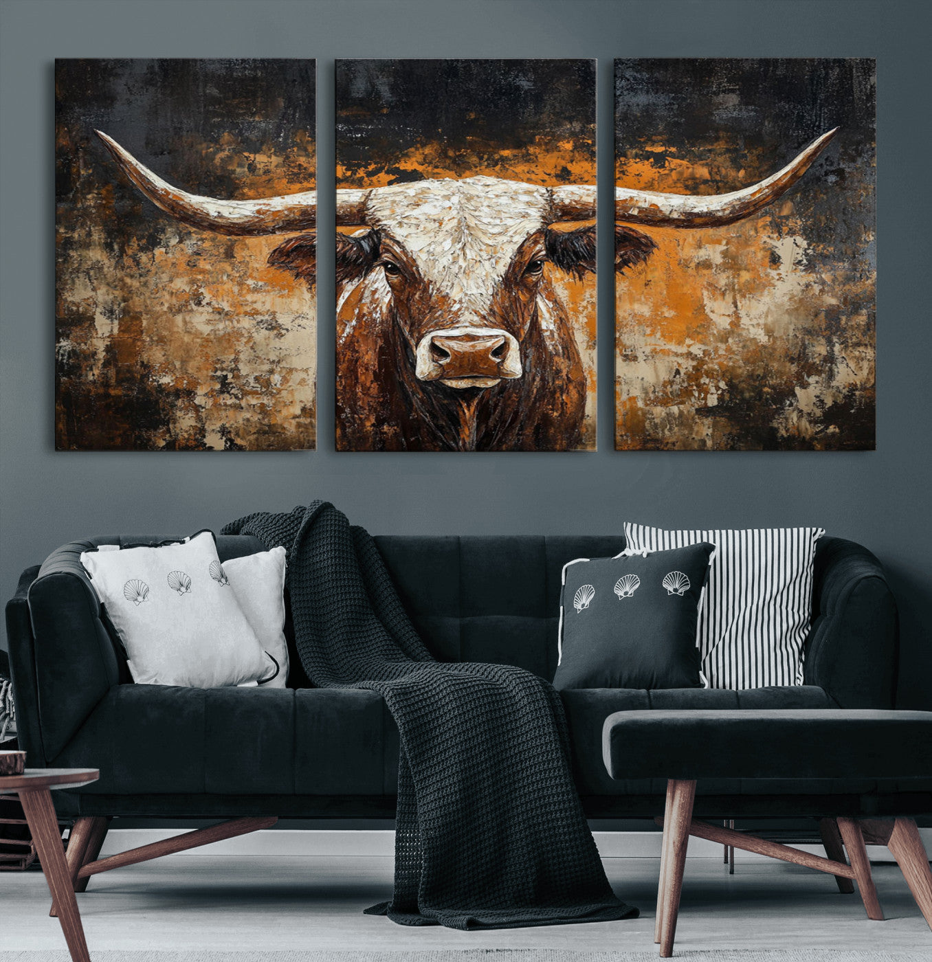 25265572-MGV-CV-60X30-3P-Longhorn Bull Wall Art – Rustic Western Texas Steer Canvas Print, Textured Animal Painting for Home, Office, Man Cave or Farmhouse
