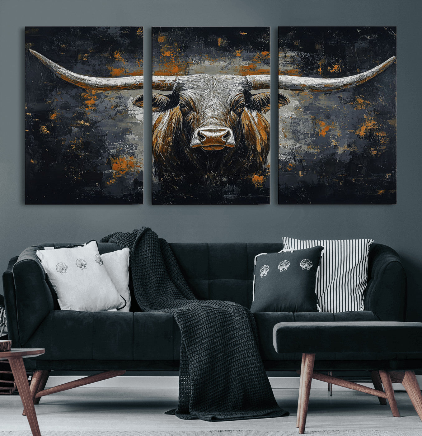 93195031-MGV-CV-60X30-3P-Dark Longhorn Bull Wall Art – Western Steer Canvas Print, Moody Rustic Animal Painting for Man Cave, Ranch House, Office or Modern