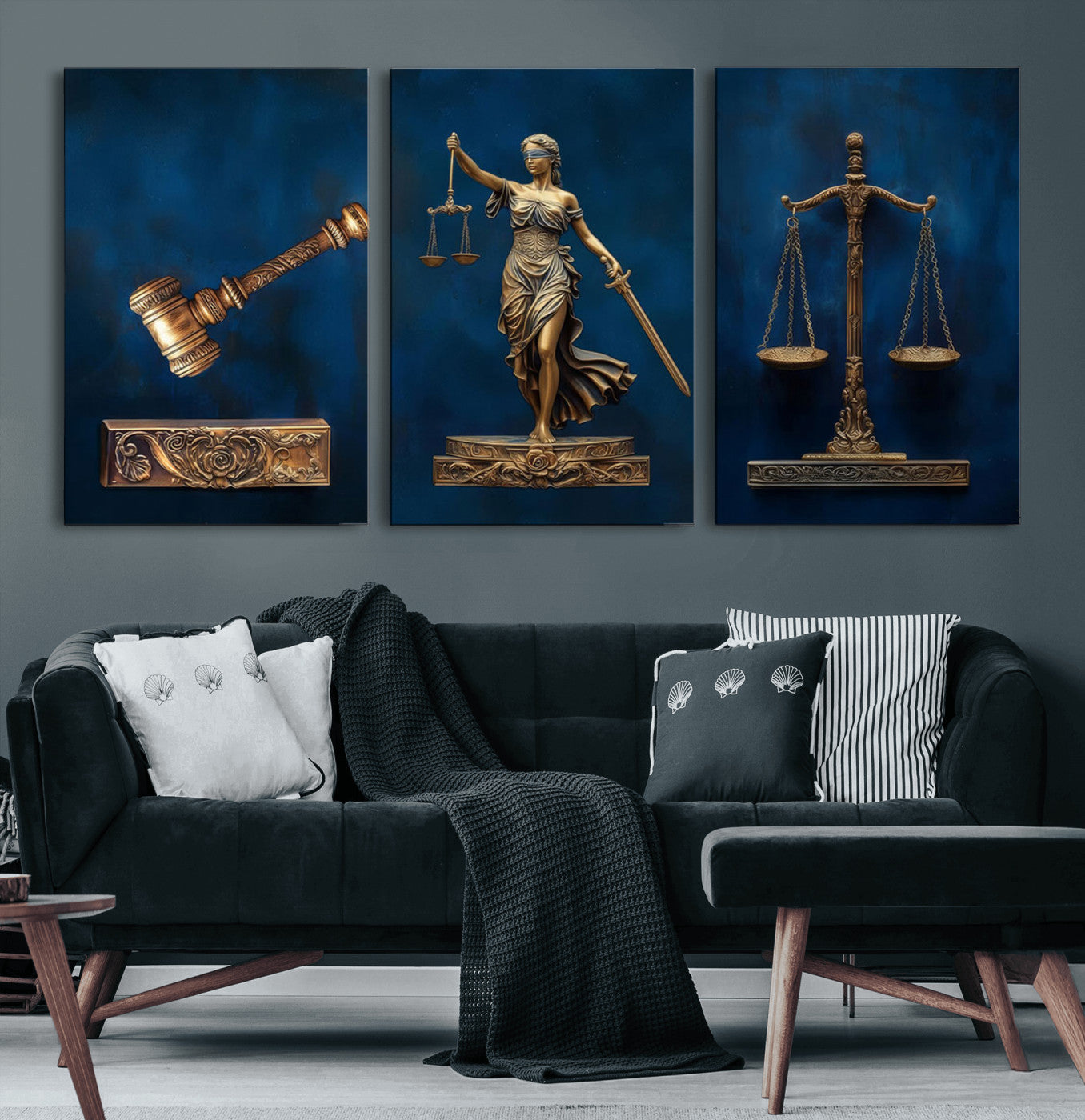 91629053-MGV-CV-60X30-3P-Lady Justice Wall Art – Golden Gavel and Scales Canvas Print, Elegant Legal Office Decor for Lawyers, Judges, Courtroom or Study