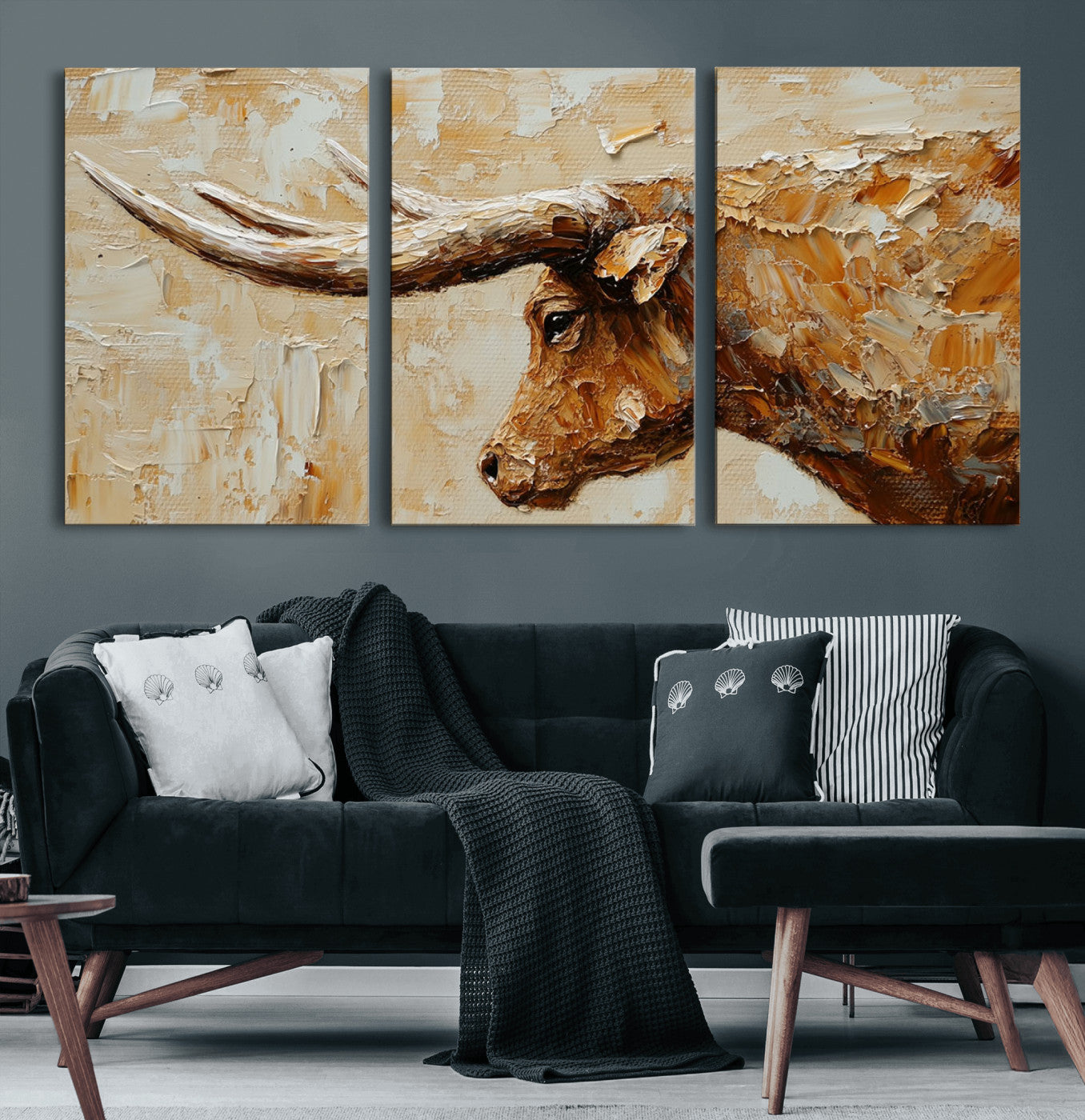 69611428-MGV-CV-36X24-Longhorn Bull Wall Art – Rustic Western Canvas Print, Textured Farmhouse Cattle Painting for Living Room, Office, or Ranch House