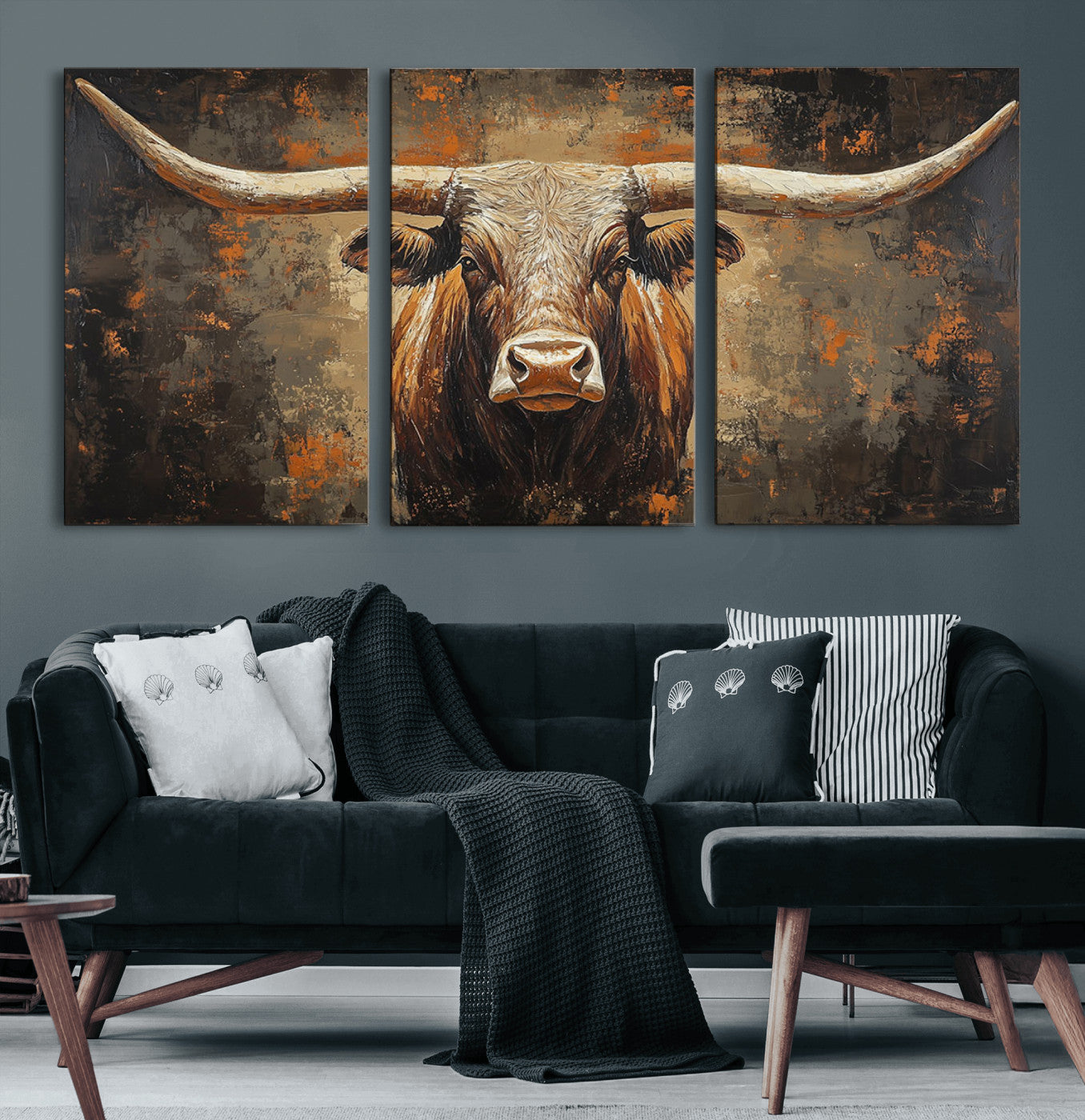 19204445-MGV-CV-60X30-3P-Texas Longhorn Bull Wall Art – Rustic Western Canvas Print, Bold Cowboy Cattle Painting for Ranch House, Farmhouse, Office, or