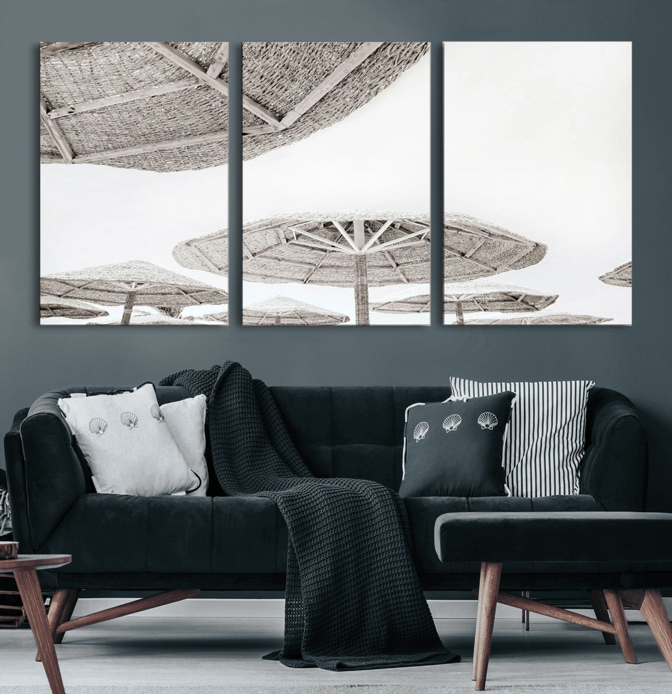 97043123-MGV-CV-60X30-3P-Beach Umbrella Wall Art – Minimalist Coastal Canvas Print, Woven Parasol Summer Decor for Bedroom, Living Room, or Modern Beach