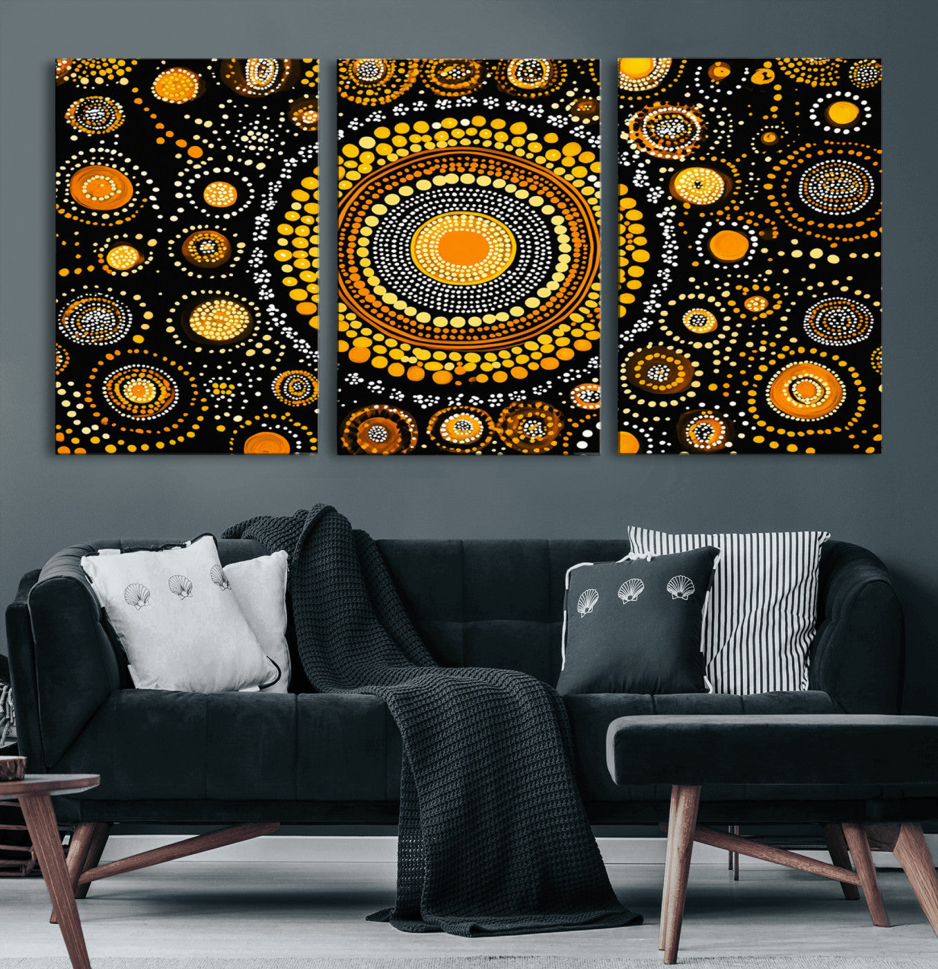 45478523-MGV-CV-36X24-Abstract Circle Wall Art – Bold Black and Gold Dot Painting Canvas Print, Modern Geometric Mandala Style Decor for Living Room or