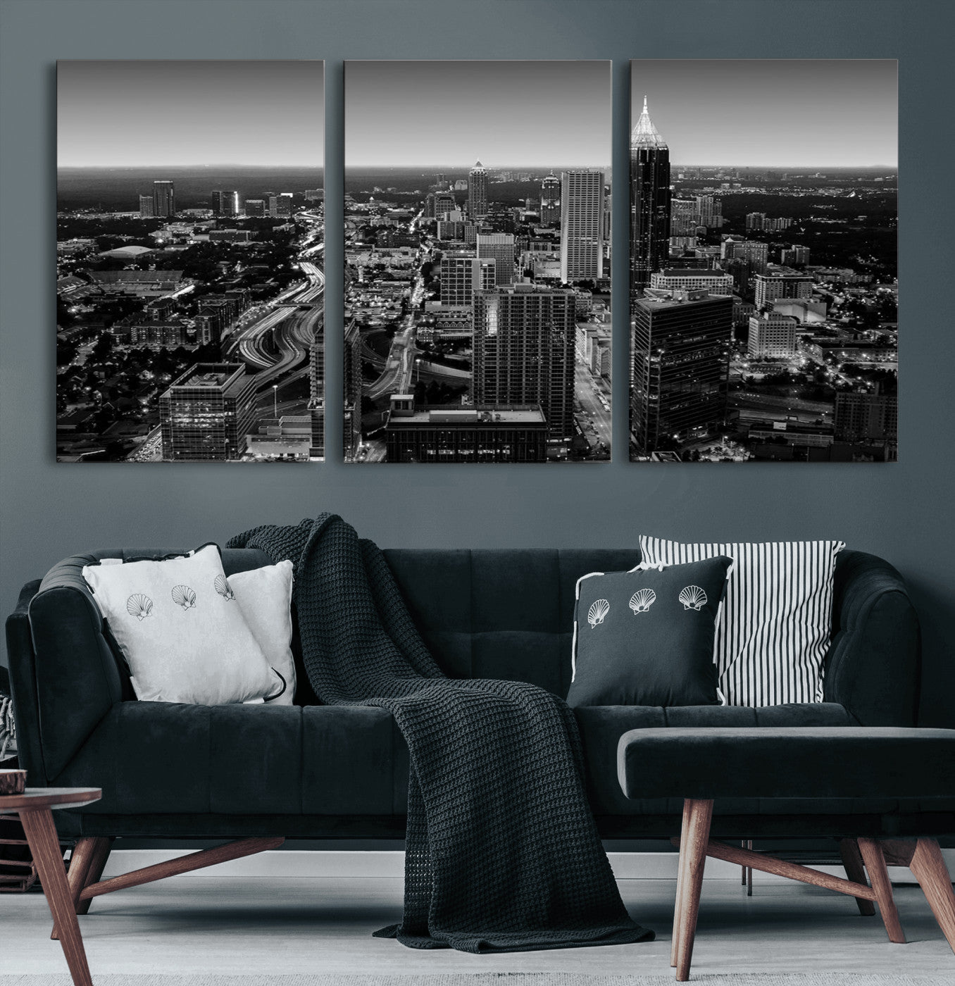 46578567-MGV-CV-60X30-3P-Atlanta Skyline Wall Art – Black and White Cityscape Canvas Print, Modern Urban Night Decor for Office, Living Room, or Apartment