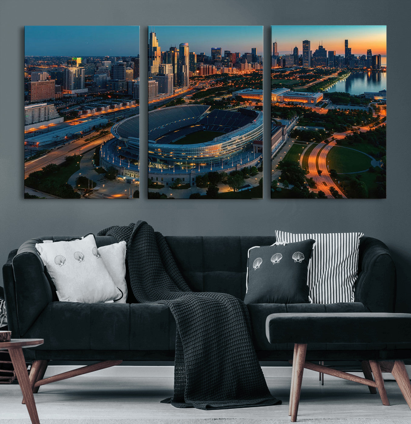 36690345-MGV-CV-60X30-3P-Soldier Field Wall Art – Chicago Bears Stadium Aerial Night Canvas Print, City Skyline Football Decor for Living Room, Office, or